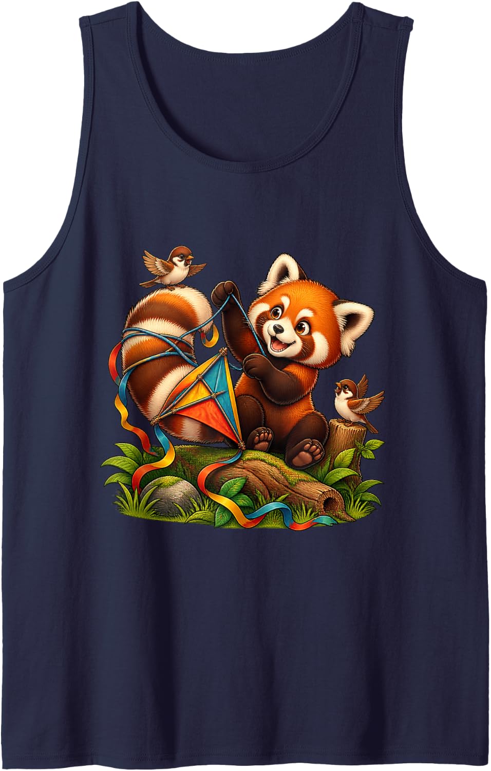 Delighted Red Panda Untangling a Kite Tail Tank Top - Navy Blue