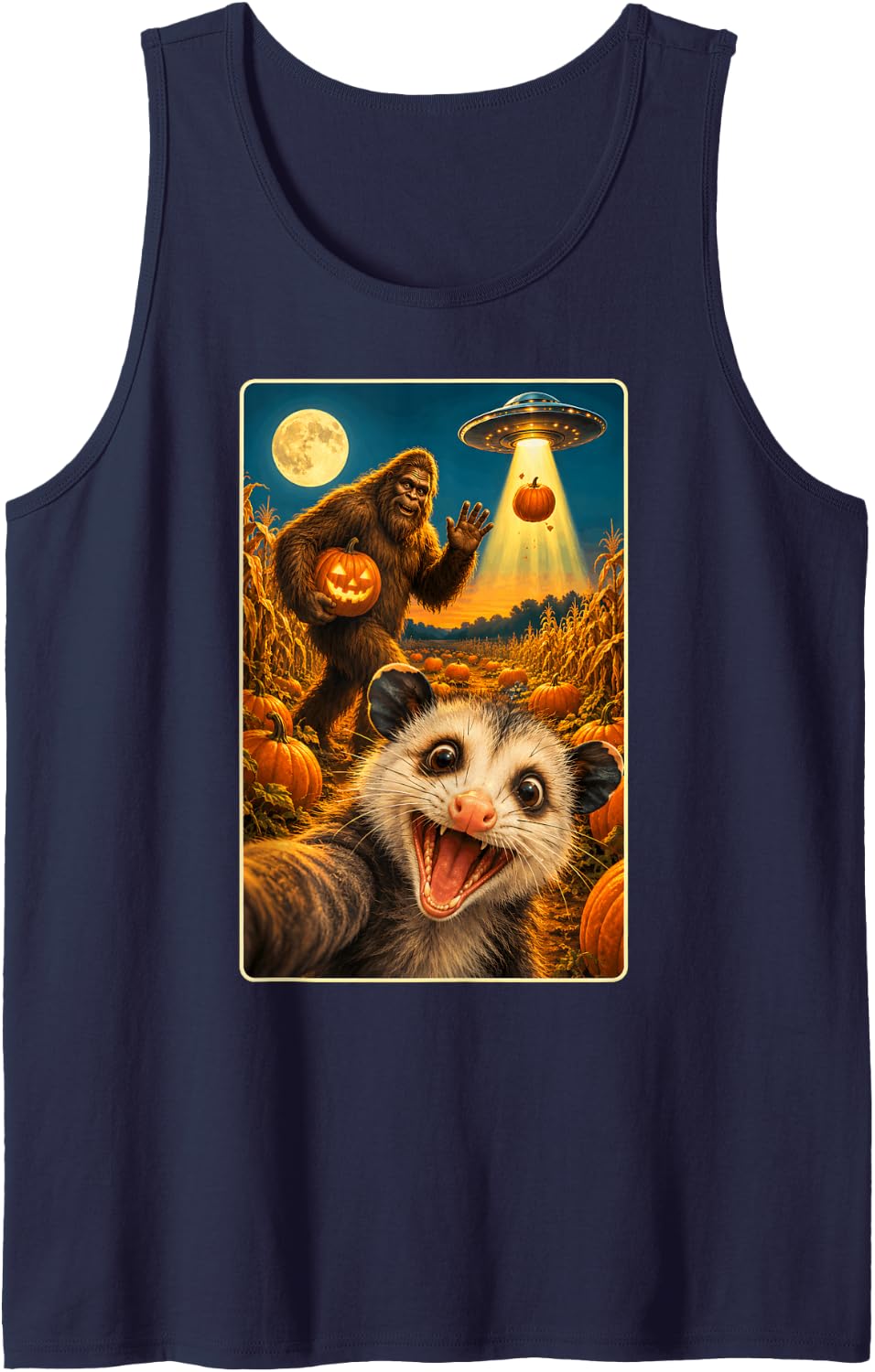 Opossum Selfie Bigfoot Pumpkin Patch UFO Funny Halloween Art Sleeveless Tank Top - Navy Blue