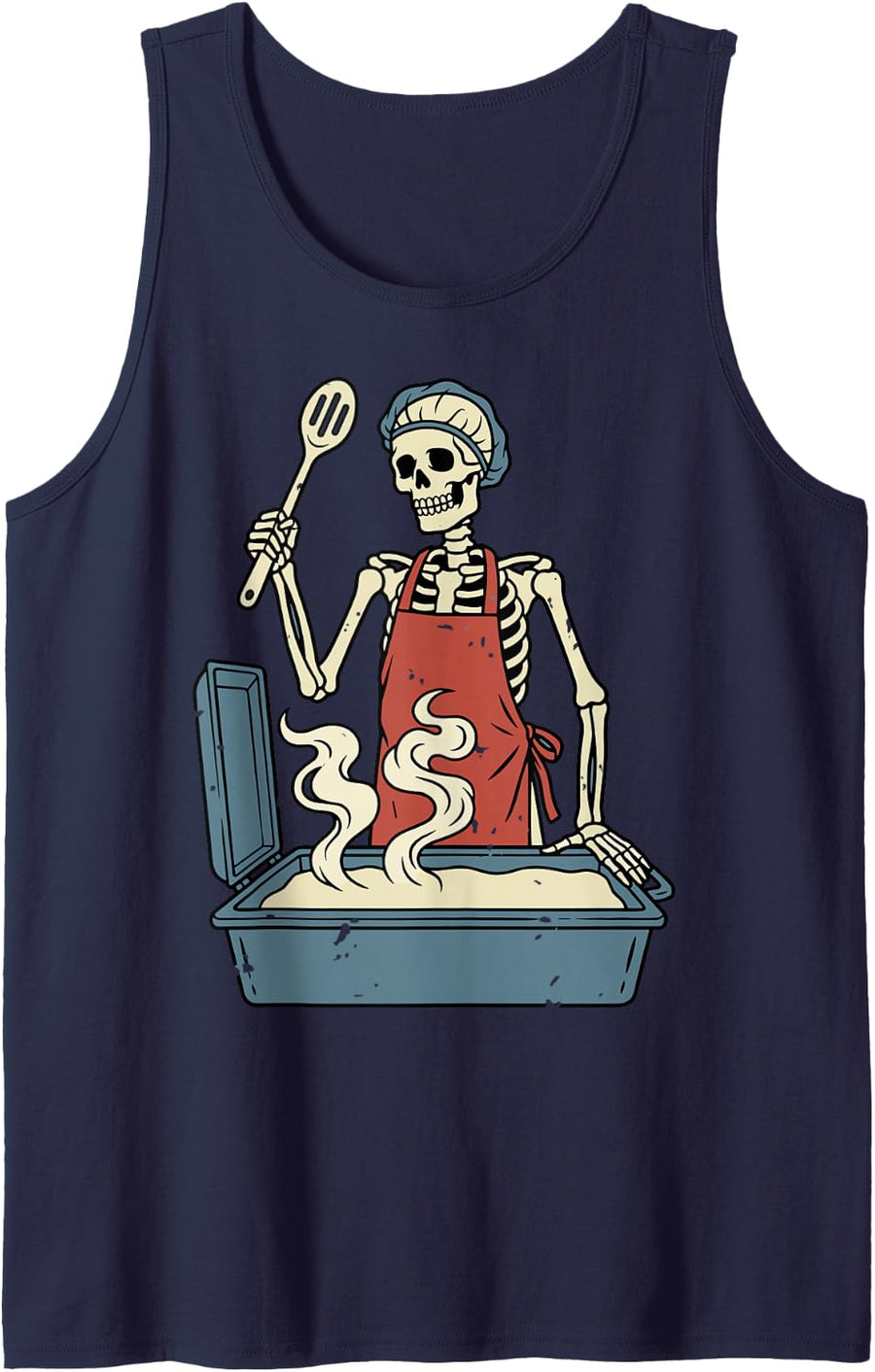 Skeleton Cafeteria Worker Funny Skull Chef Lunch Lady Humor Sleeveless Tank Top - Navy Blue