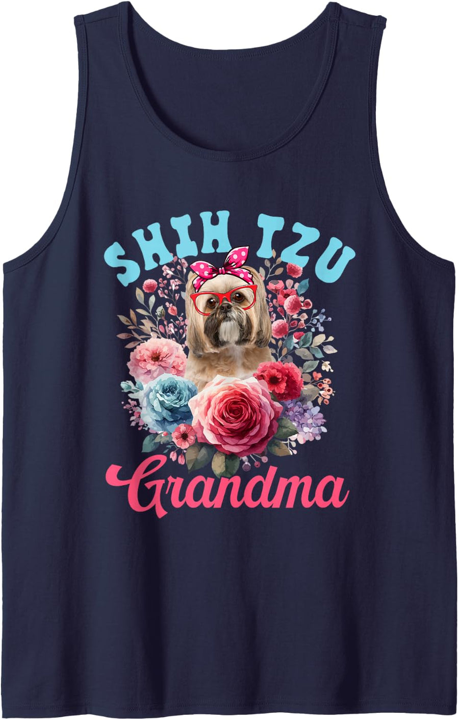 Shih Tzu Grandma Mother's Day Dog Bow Tie Floral Sleeveless Tank Top - Navy Blue