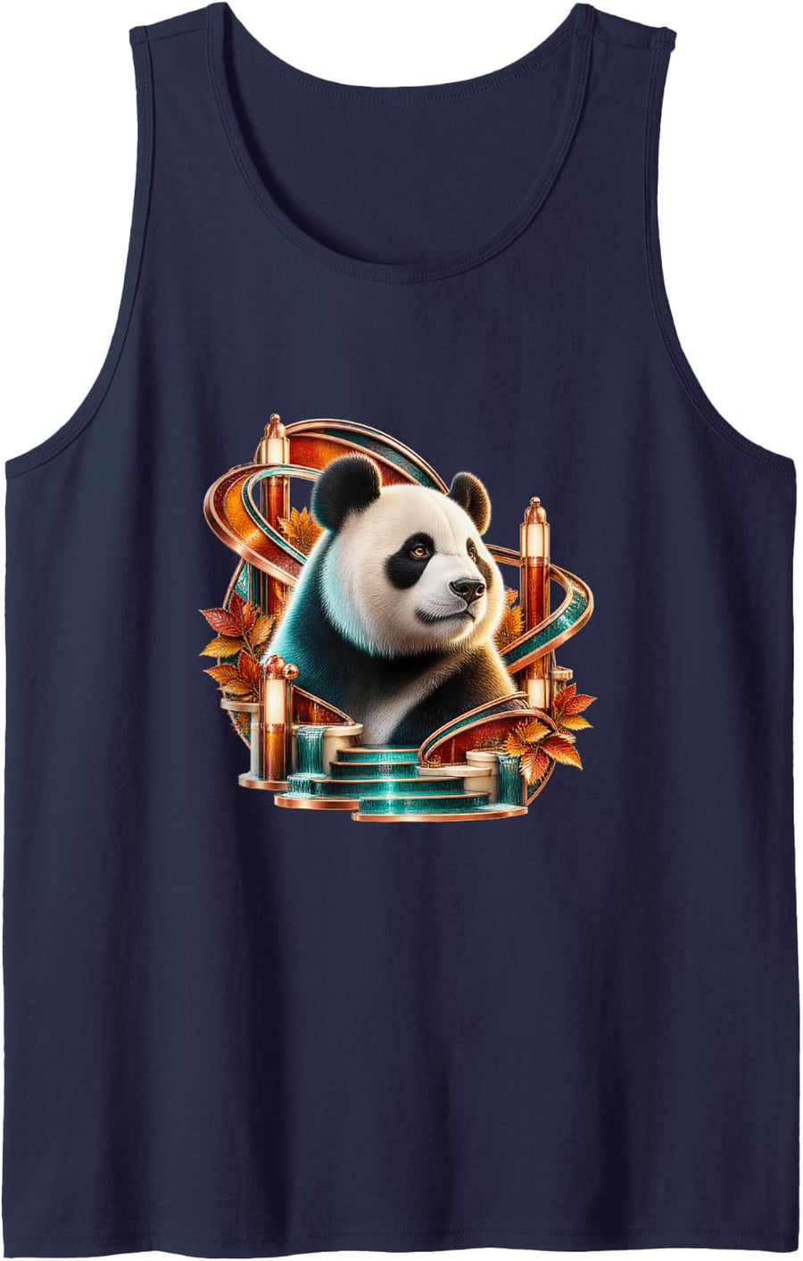Panda with Autumn Deco Leaves Sleeveless Tank Top - Navy Blue