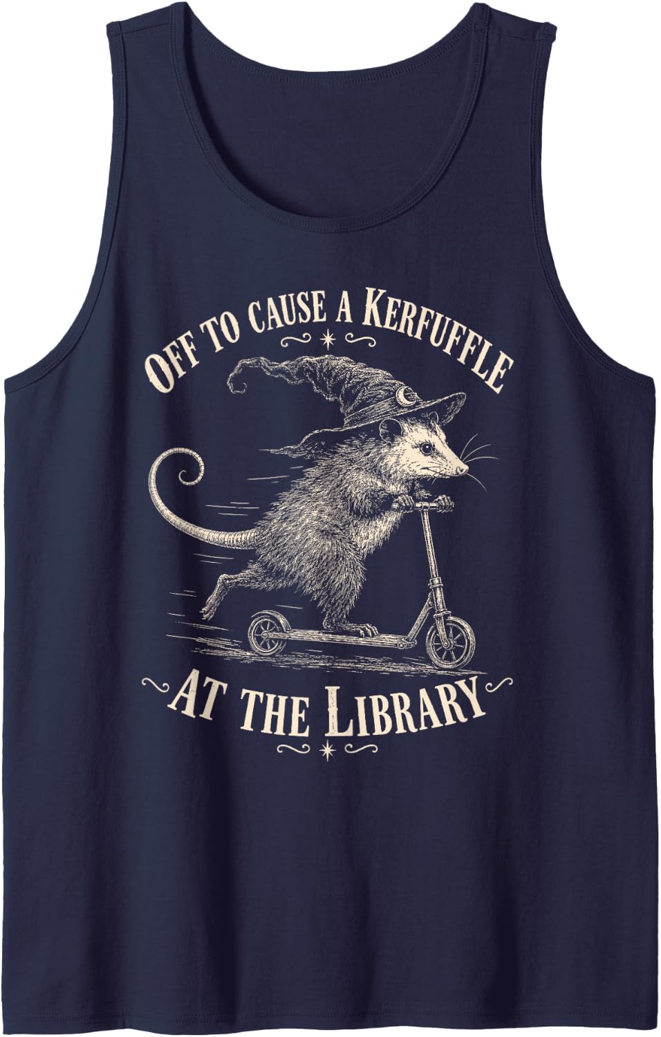 Off to Cause A Kerfuffle At The Library Opossum Bookish Sleeveless Tank Top - Navy Blue