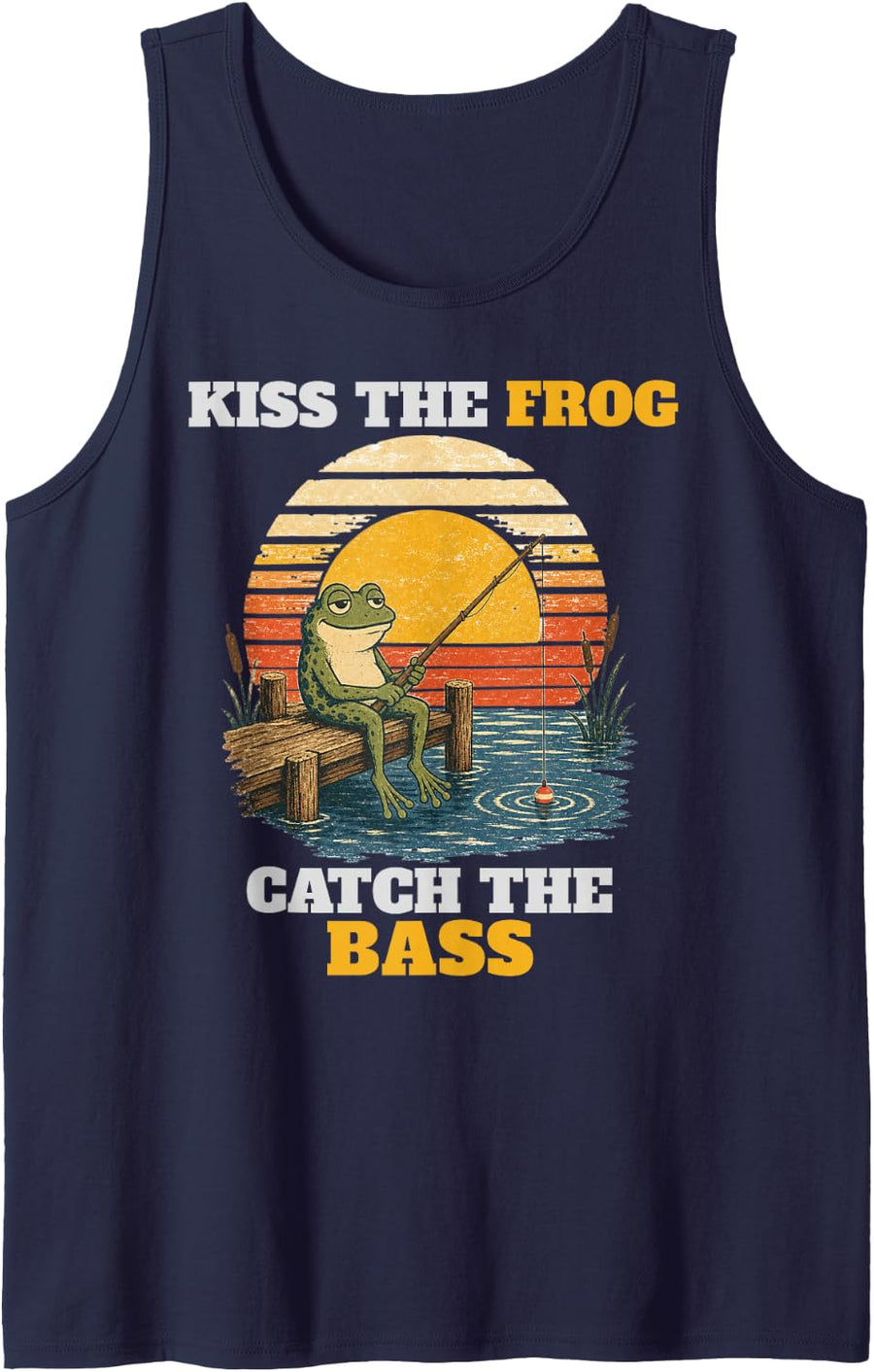 Kiss The Frog Catch The Bass Funny Fishing Retro Sunset Tank Top - Navy Blue