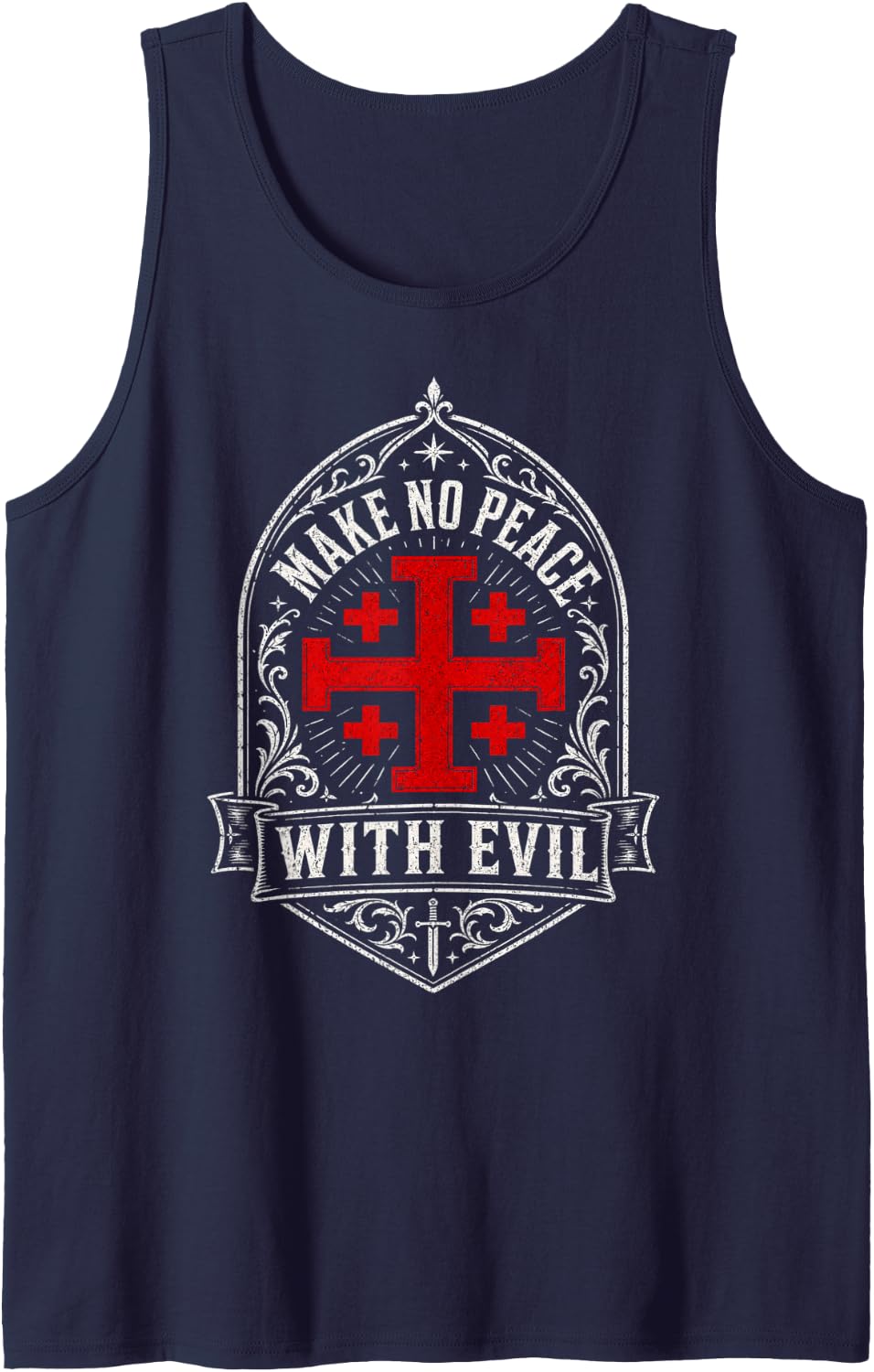 Make No Peace with Evil Knight Templar Jerusalem Cross Sleeveless Tank Top - Navy Blue