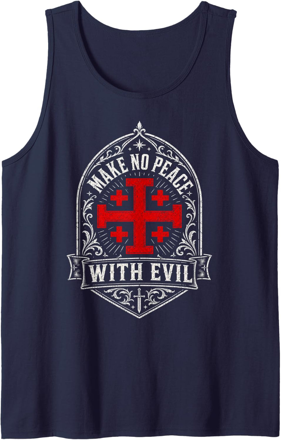 Make No Peace with Evil Knight Templar Jerusalem Cross Sleeveless Tank Top - Navy Blue
