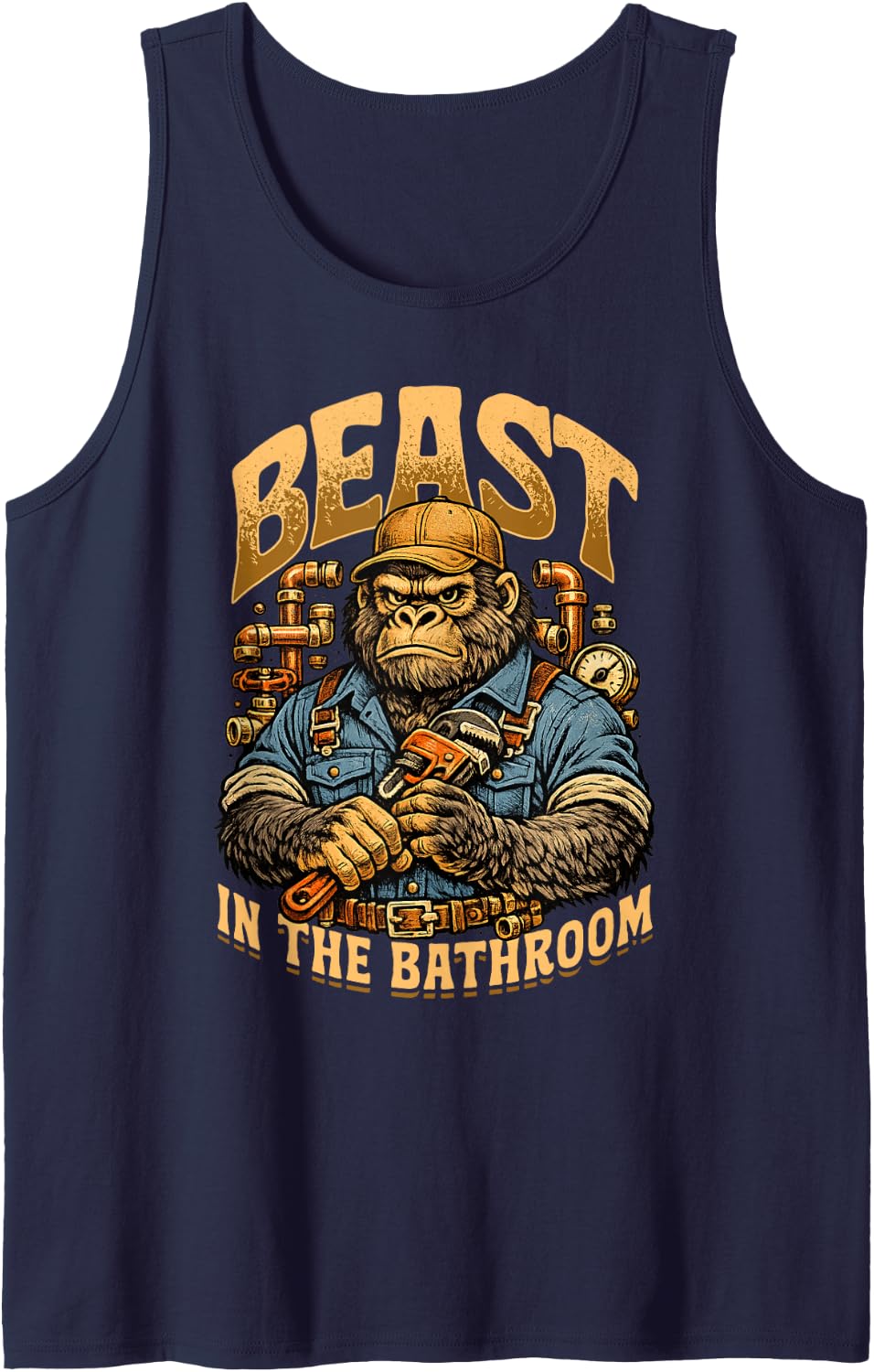 Plumber Beast in The Bathroom Gorilla Pipes Tank Top - Navy Blue