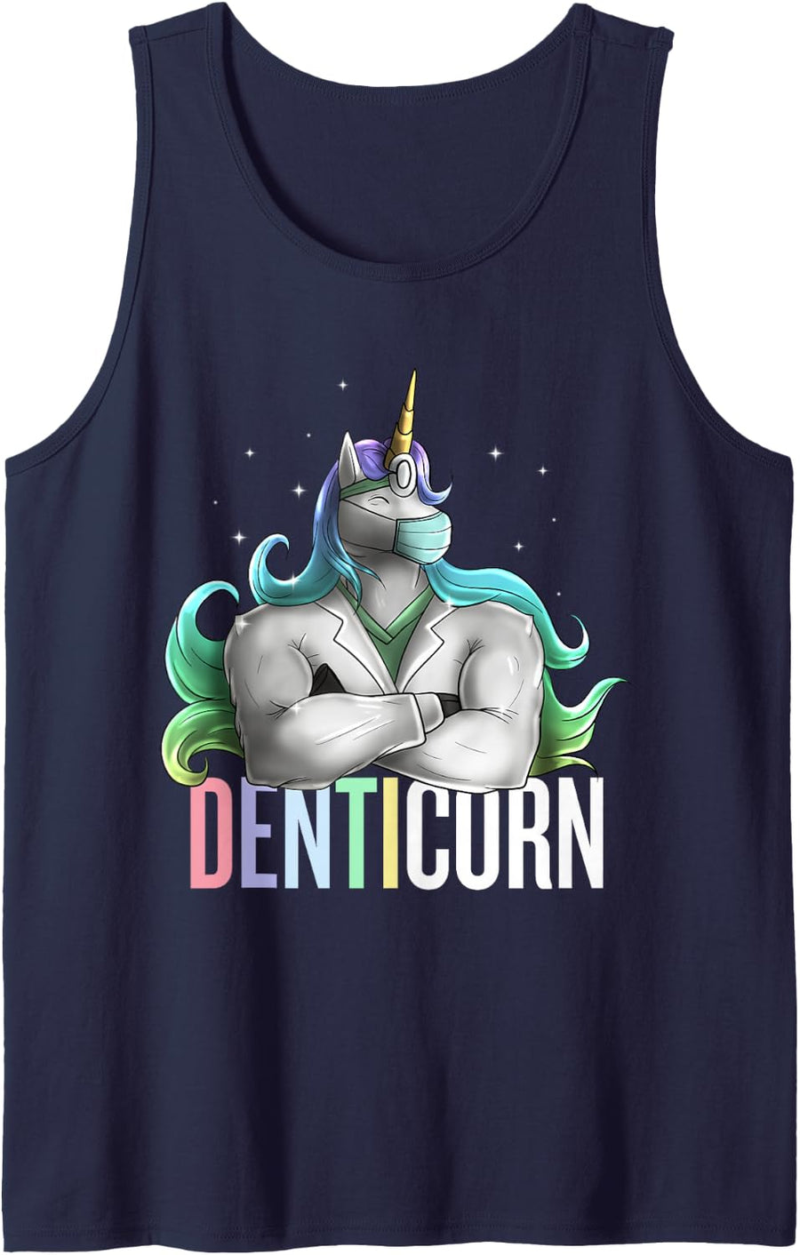 Dentist Unicorn Denticorn Funny Dental Assistant Pun Sleeveless Tank Top - Navy Blue