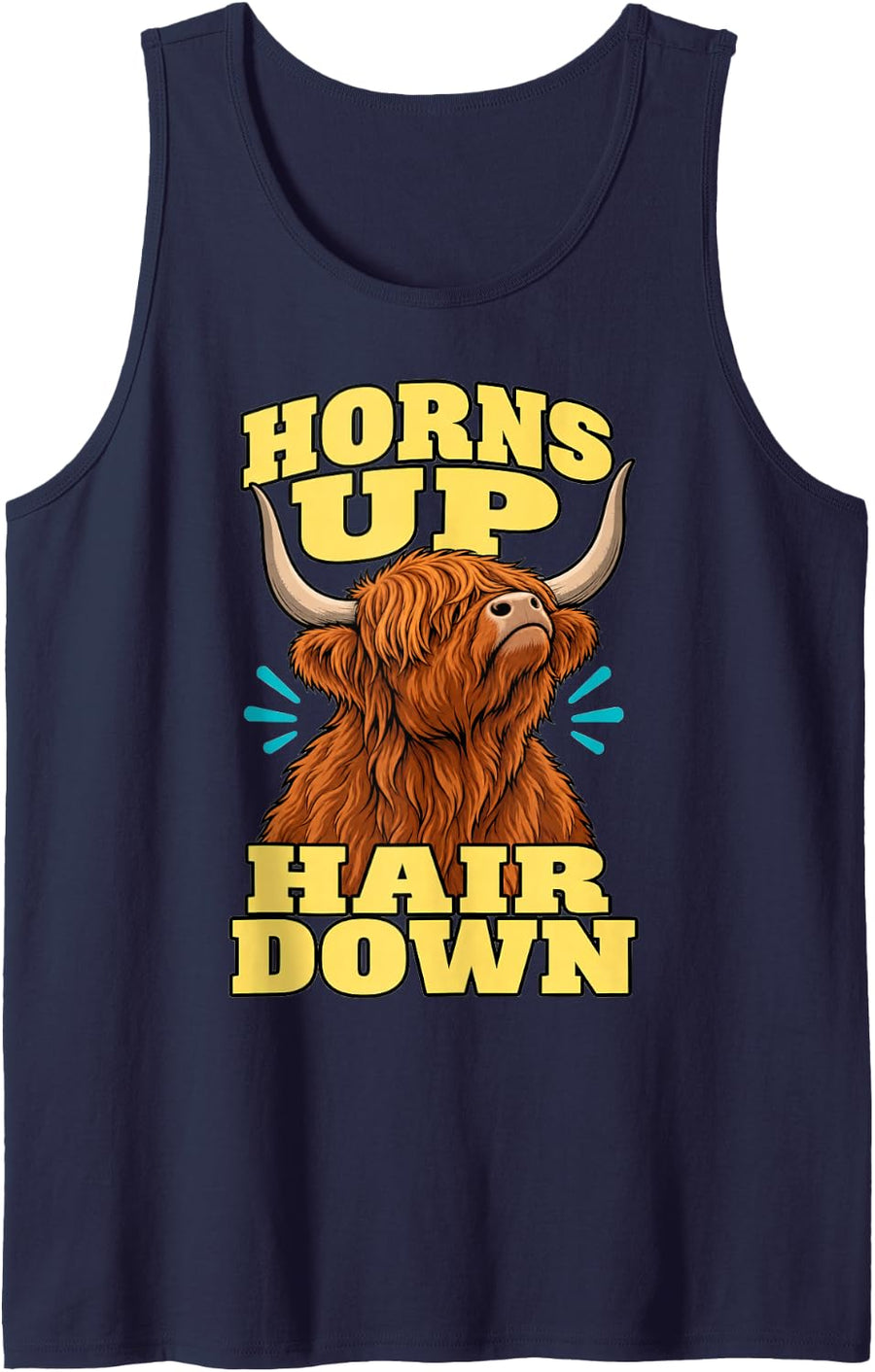 Highland Cow Horns Up Hair Down Ranch Fan Humor Sleeveless Tank Top - Navy Blue