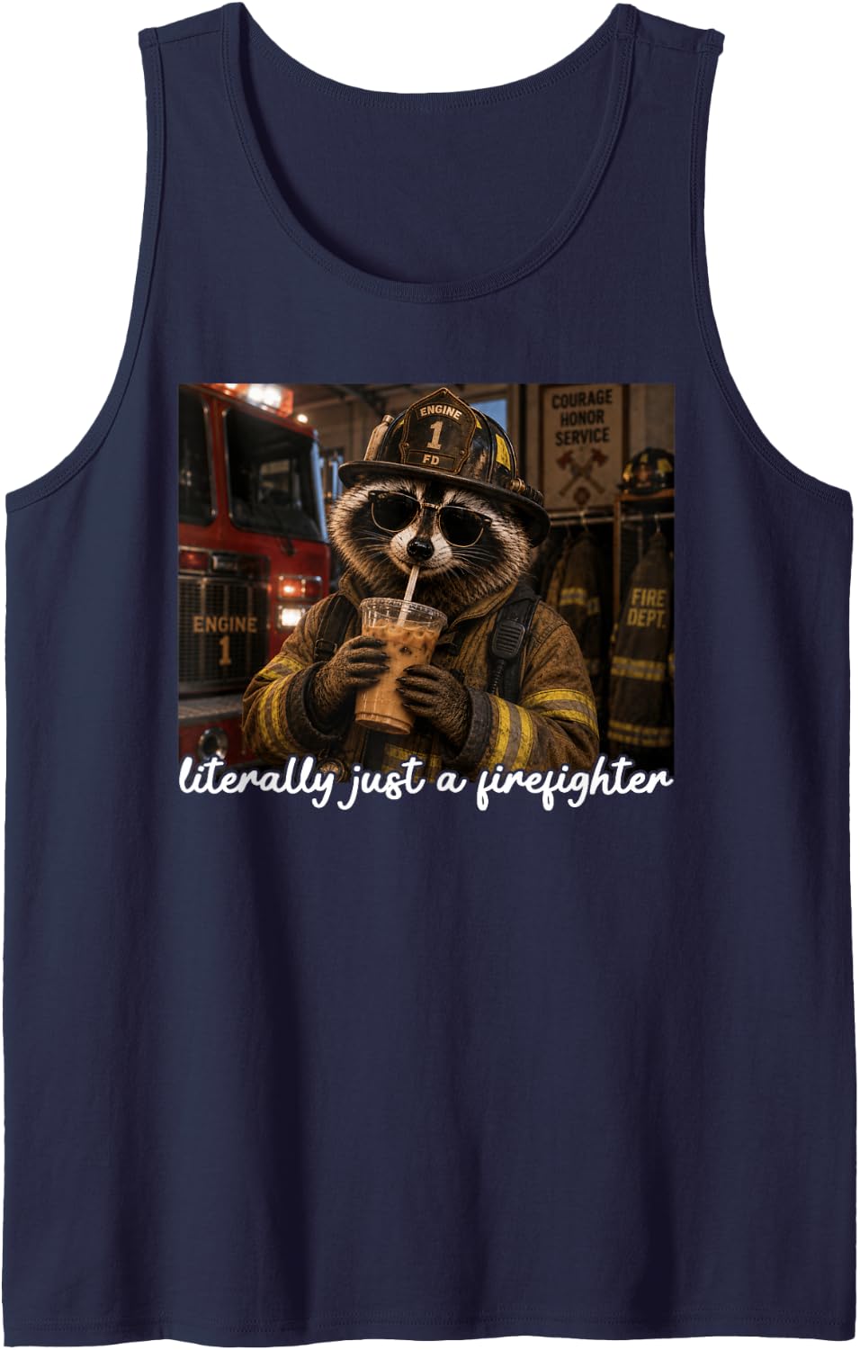 Literally Just A Firefighter Funny Raccoon Iced Coffee Meme Tank Top - Navy Blue