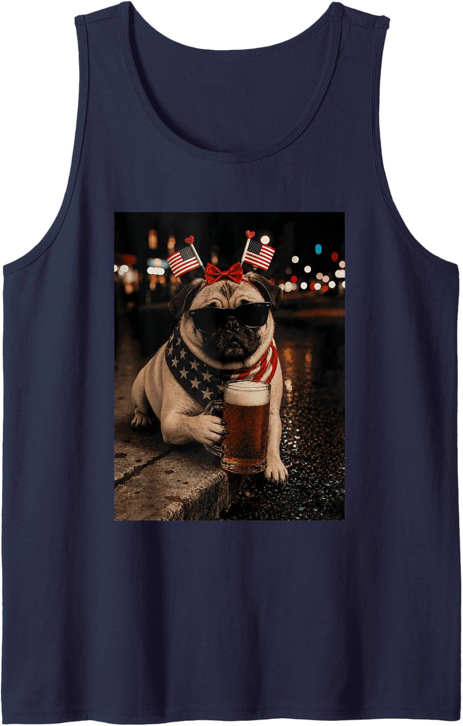 Funny Animal Pug Meme Drinking Beer 4th of July Tank Top - Navy Blue