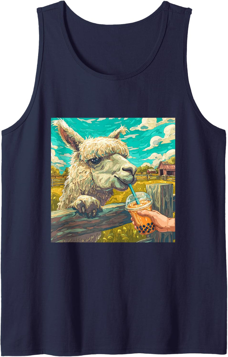 Cute Llama Drinking Bubble Tea Boba Farm Tank Top - Navy Blue