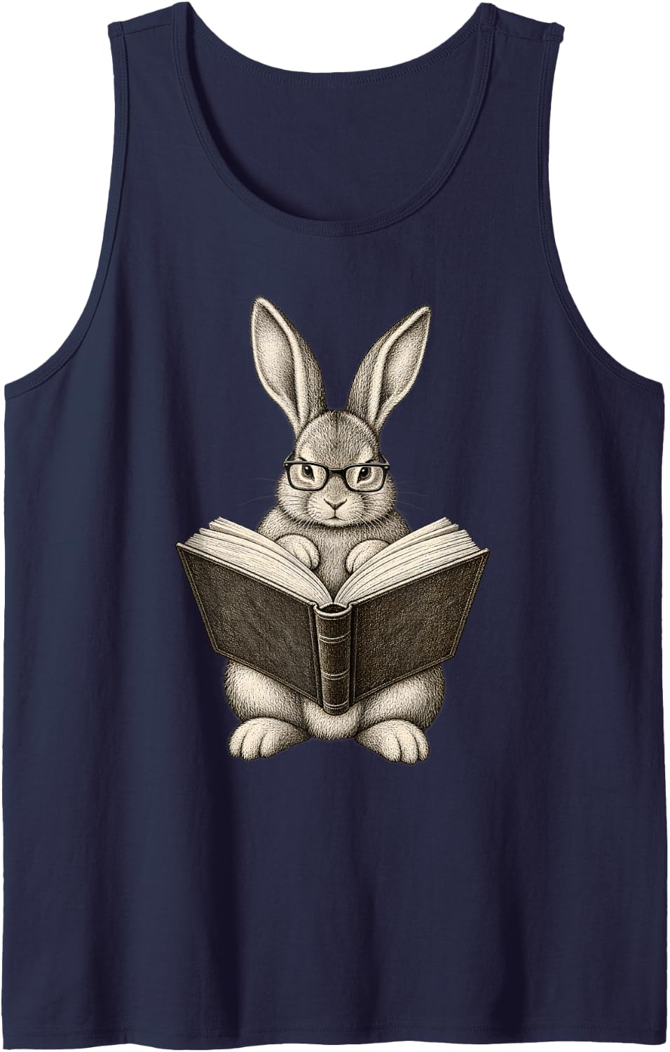 Reading Rabbit with Glasses Book Lover Library Funny Humor Sleeveless Tank Top - Navy Blue