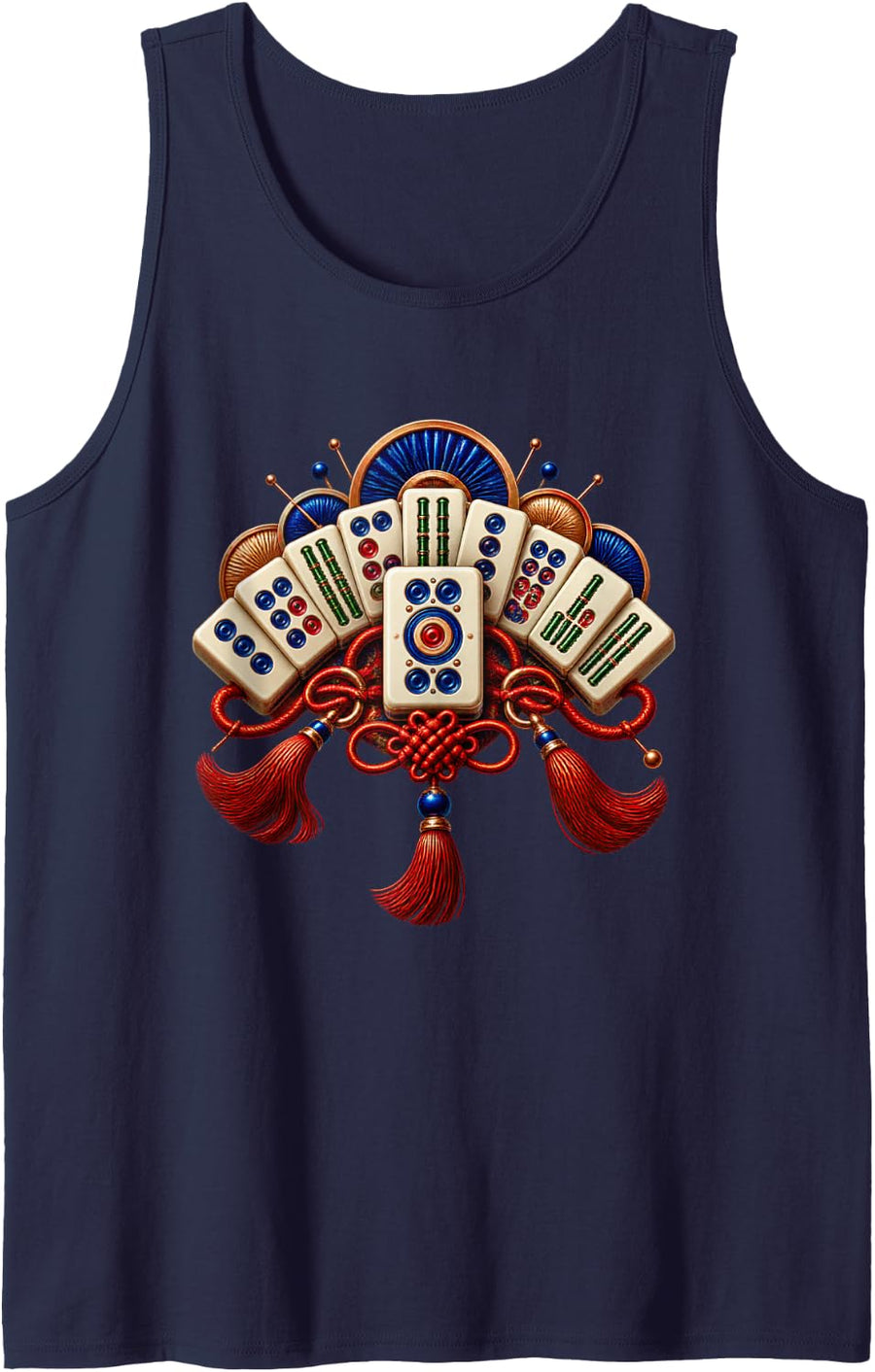 Vibrant Bamboo and Dot Mahjong Tiles in Ornate Arrangement Sleeveless Tank Top - Navy Blue