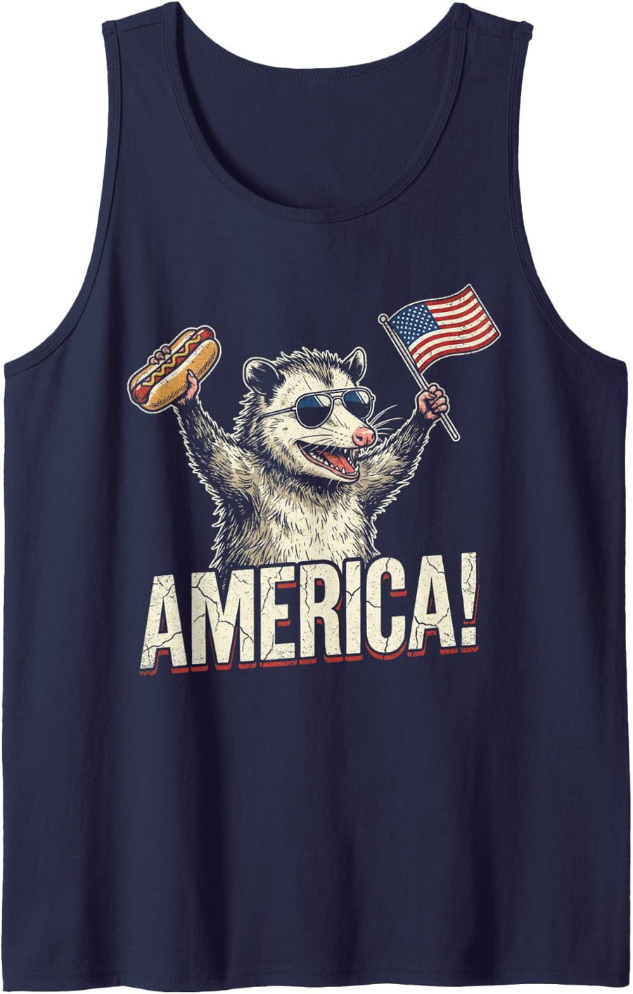 Patriotic Opossum Hot Dog American Flag Funny Possum Sleeveless Tank Top - Navy Blue