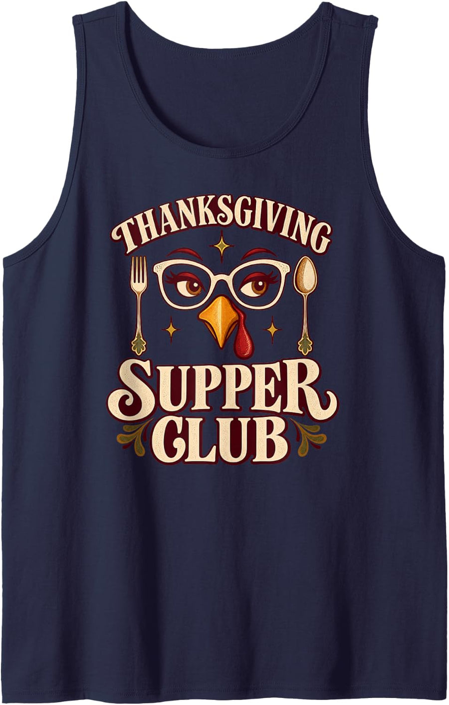 Thanksgiving Supper Club Turkey Face Retro Dinner Party Sleeveless Tank Top - Navy Blue