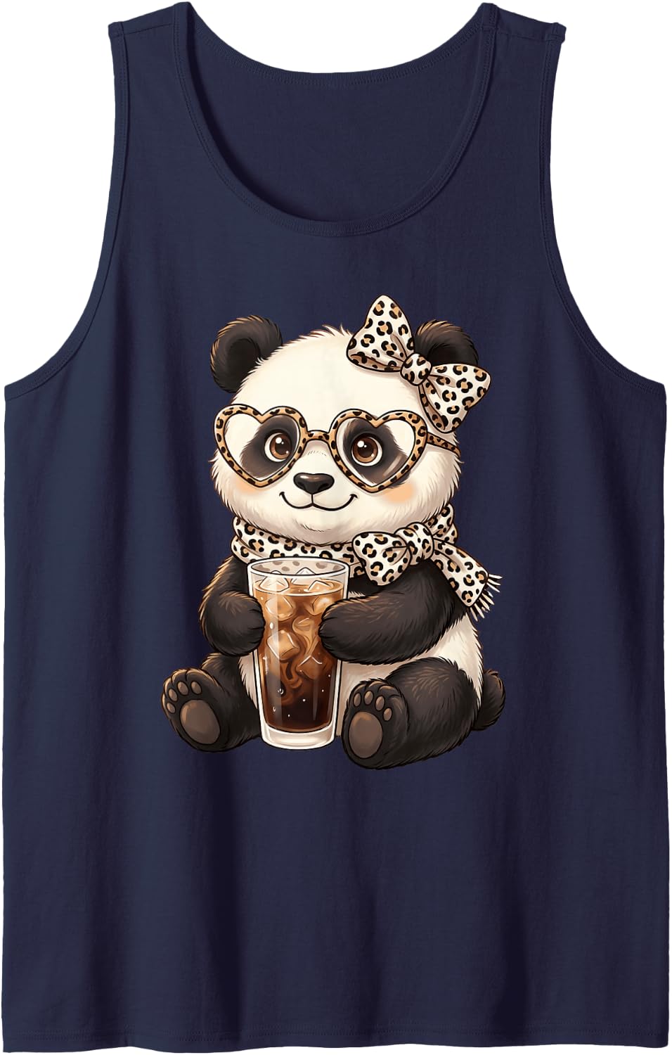 Panda Drinking Iced Coffee Motif Animal Funny Panda Bear Sleeveless Tank Top - Navy Blue