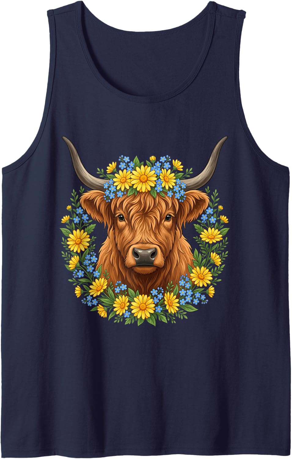 Cute Highland Cow Messy Bun Cute Highlander Cow Sleeveless Tank Top - Navy Blue
