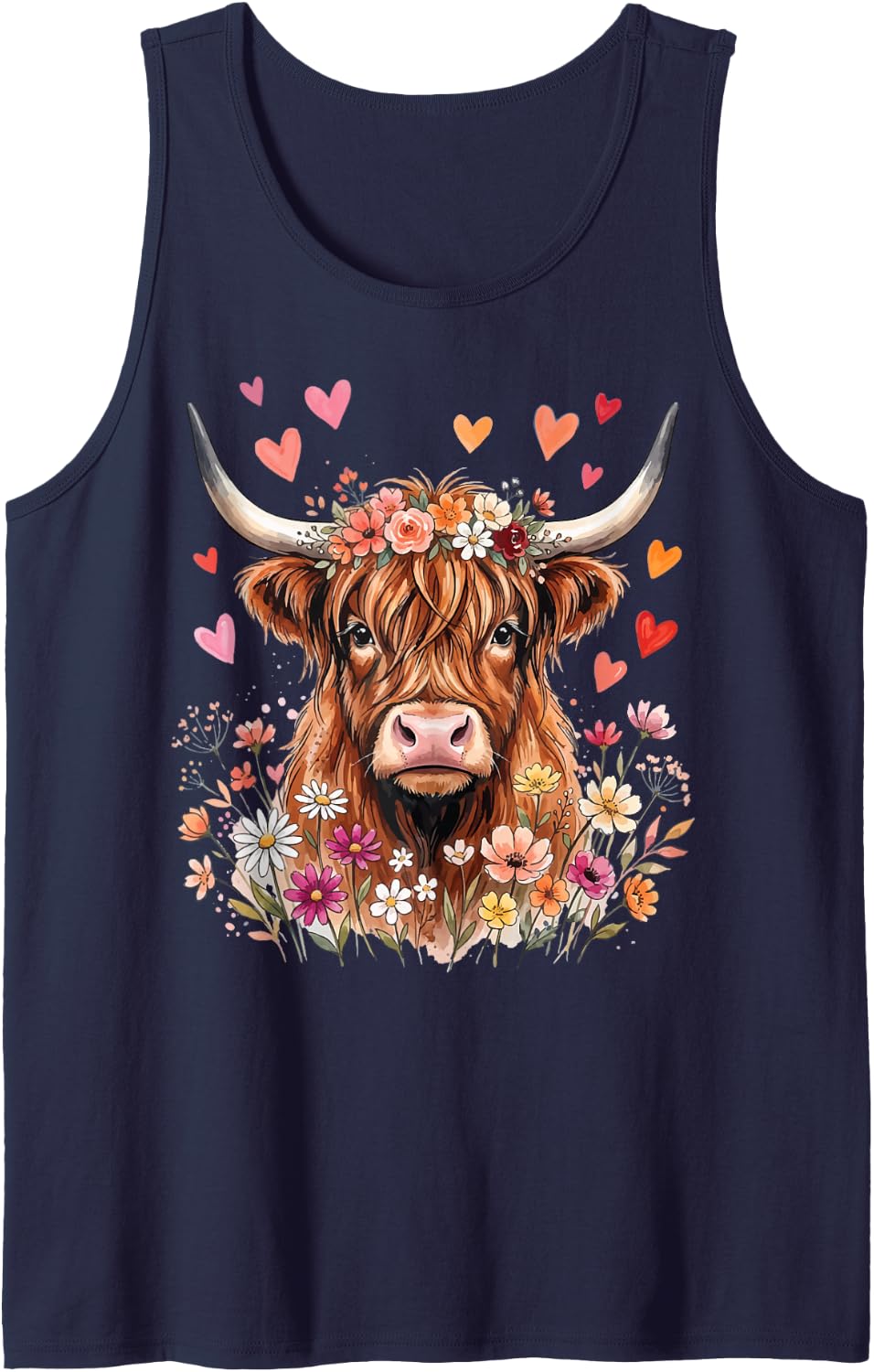 Highland Cow Flowers Sleeveless Tank Top - Navy Blue