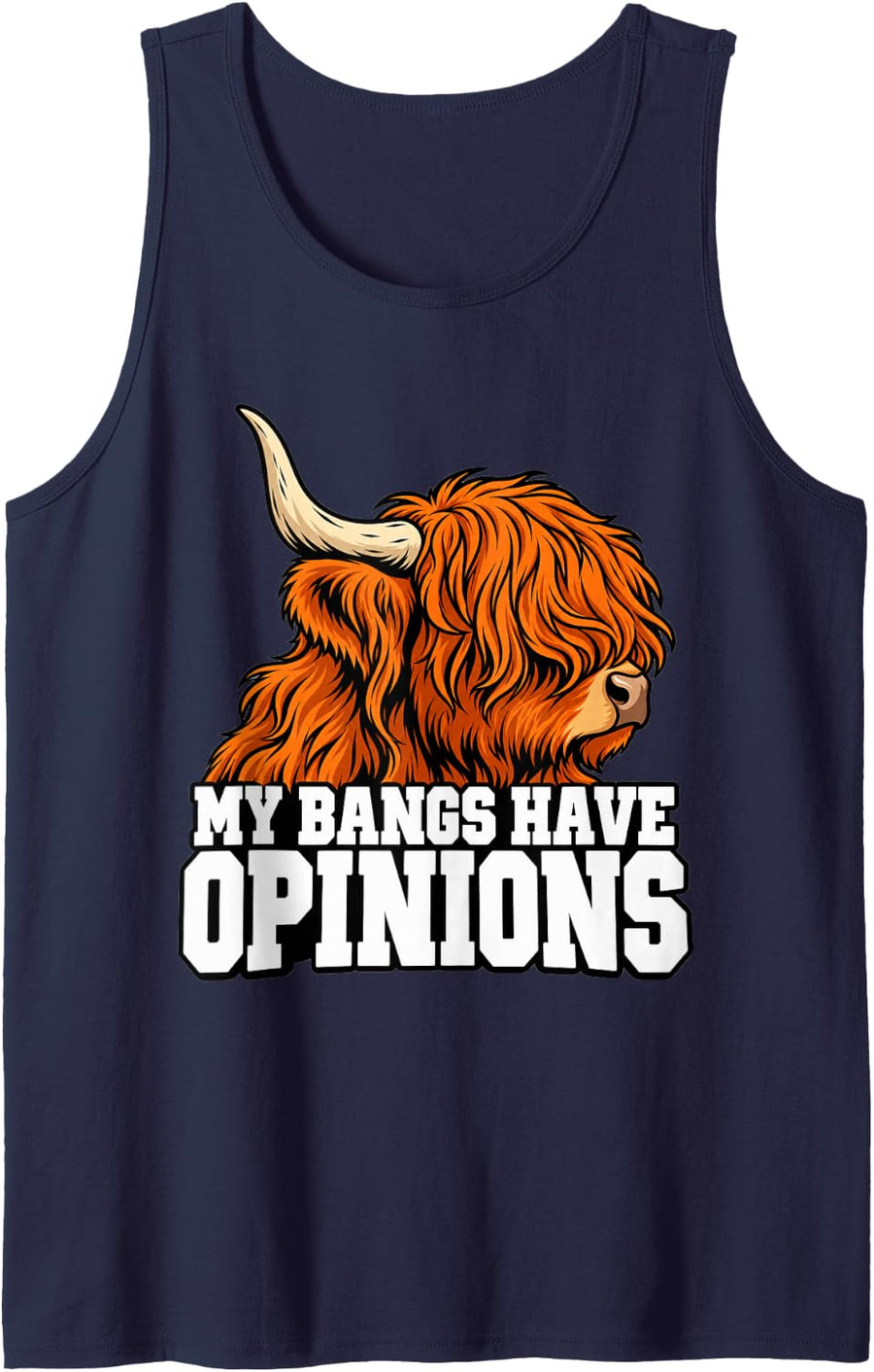 Highland Cow My Bangs Have Opinions Ranch Owner Horn Sleeveless Tank Top - Navy Blue