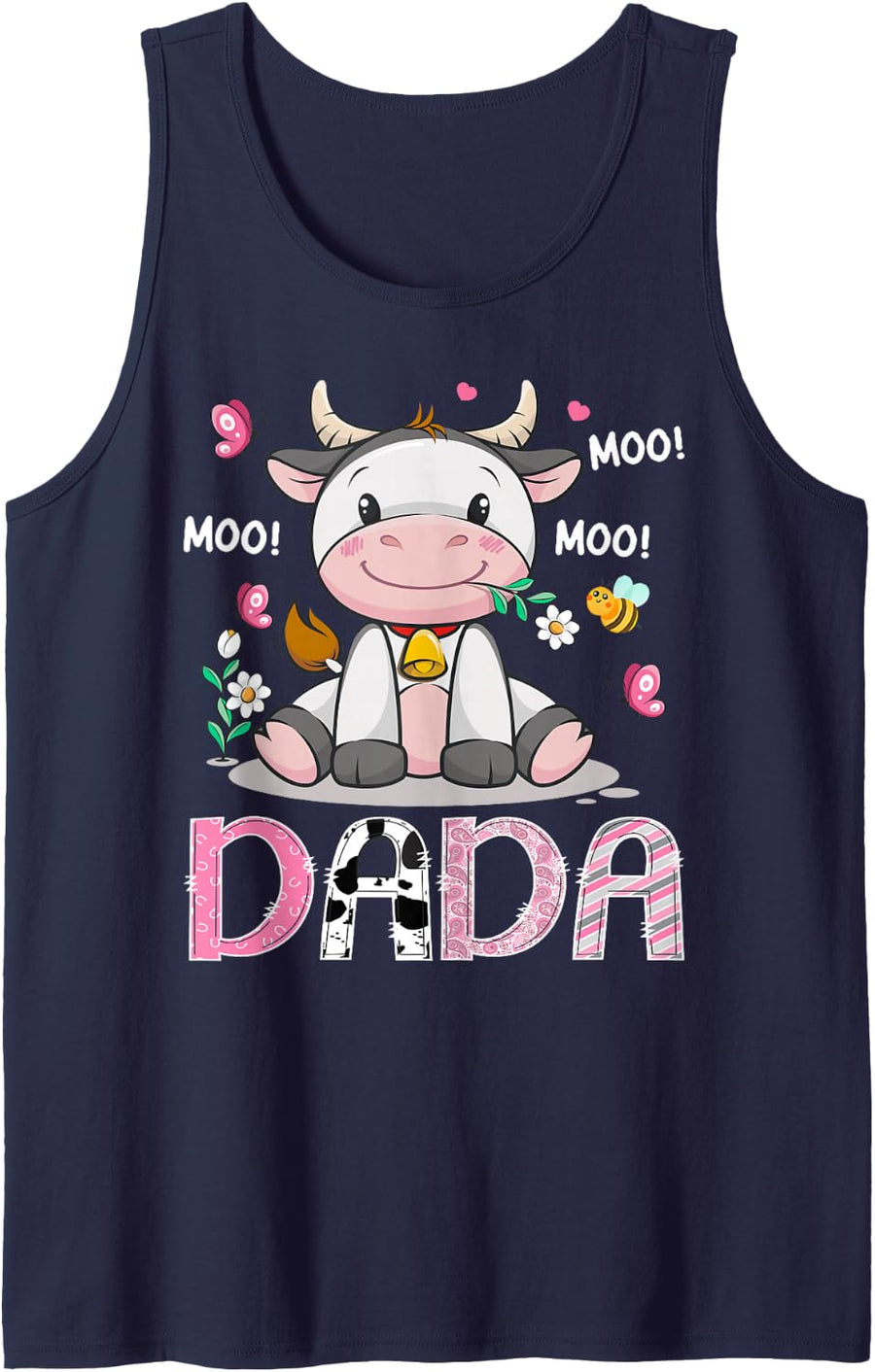 Dada Cute Cow Pink Farm Moo Moo Birthday Girl Matching Sleeveless Tank Top - Navy Blue