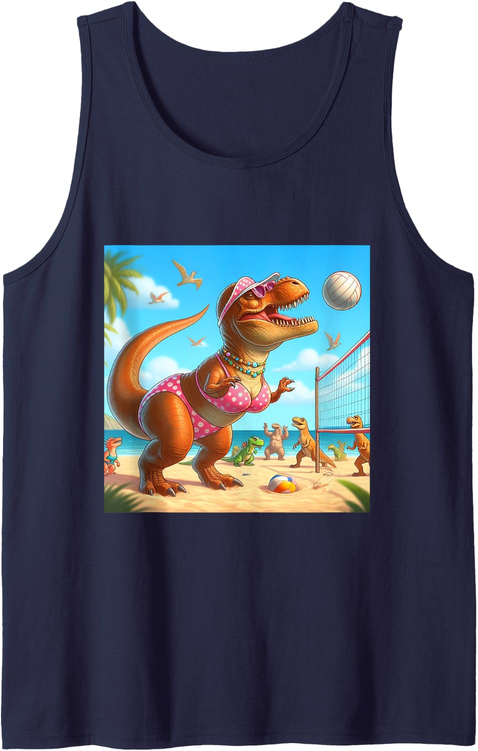 Trex Dinosaur wearing a Pink Bikini Playing Volleyball T-rex Tank Top - Navy Blue