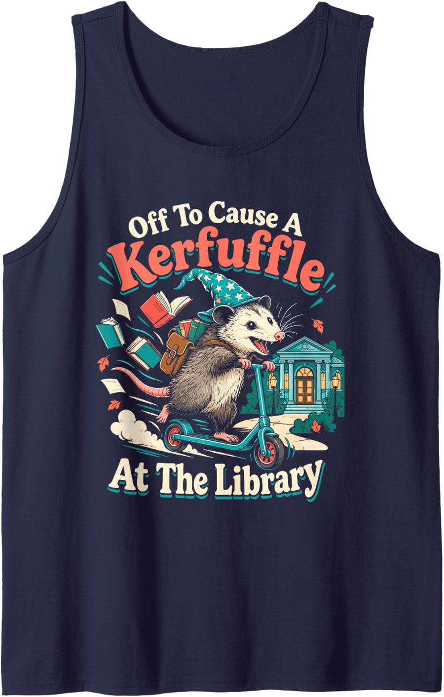 Off to Cause A Kerfuffle At The Library Opossum Scooter Sleeveless Tank Top - Navy Blue