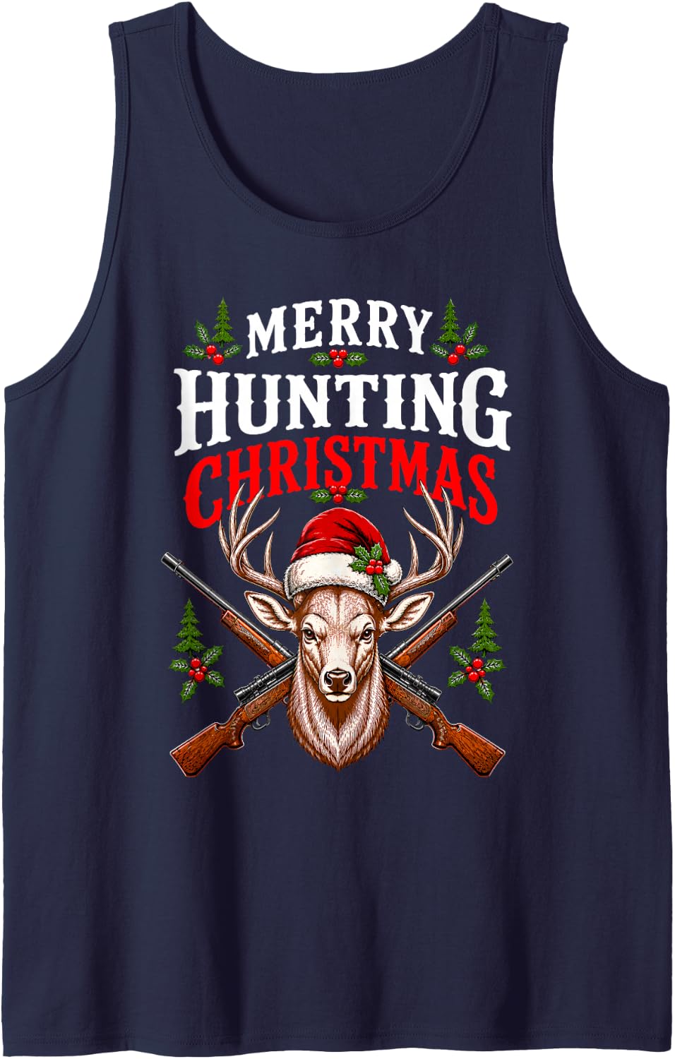 Merry Hunting Christmas Deer Sleeveless Tank Top - Navy Blue
