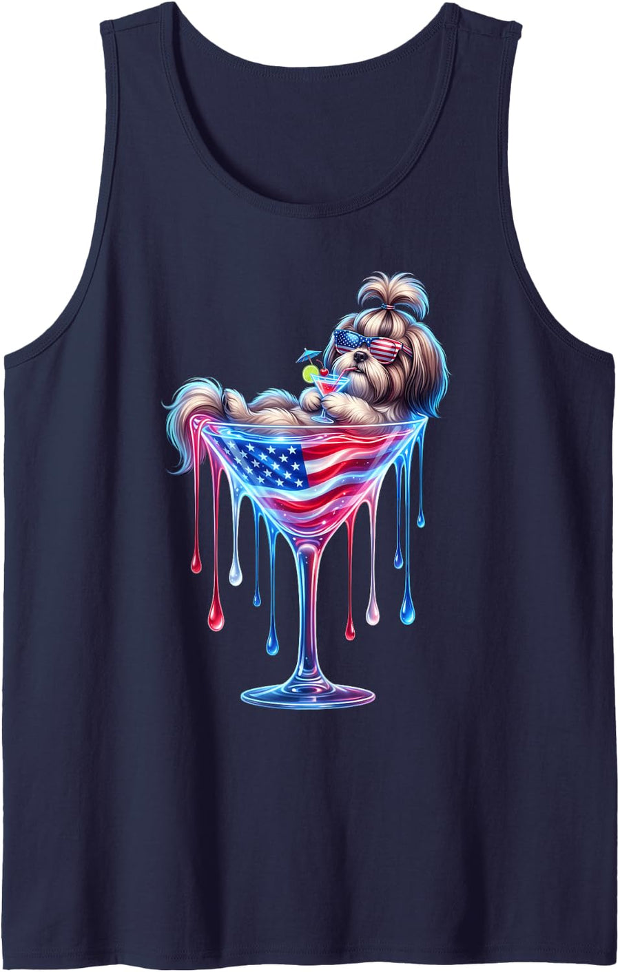 Shih Tzu Dog American Flag Animal Graphic Sleeveless Tank Top - Navy Blue