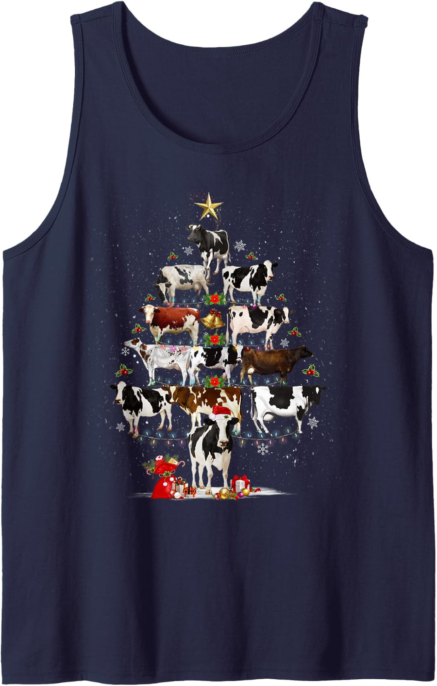 Funny Daisy Cows Christmas Tree Lights Cow Farm Lovers Xmas Sleeveless Tank Top - Navy Blue