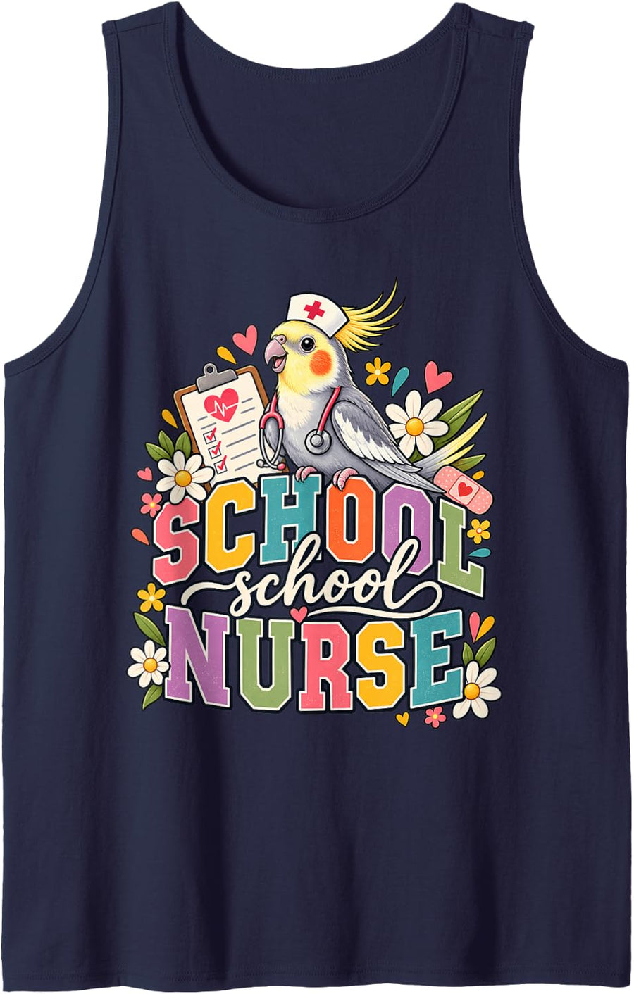 School School Nurse Cockatiel Medical Floral Sleeveless Tank Top - Navy Blue