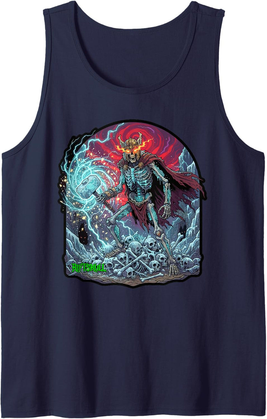 Skeleton Norse God Thor Heavy Metal Rock Gothic Dark Fantasy Sleeveless Tank Top - Navy Blue