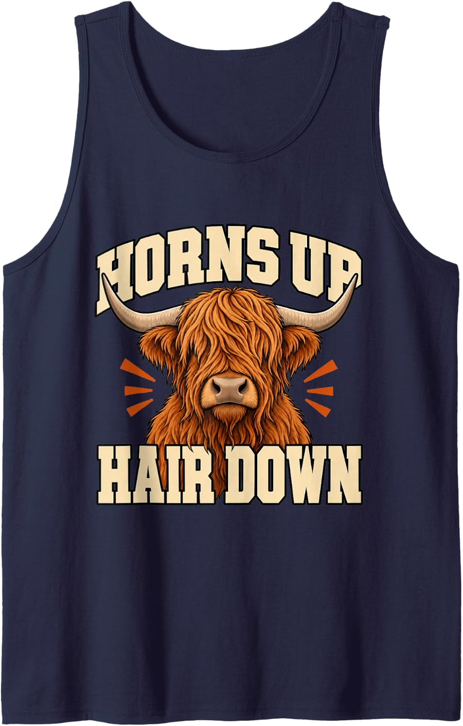 Highland Cow Horns Up Hair Down Farm Fan Humor Sleeveless Tank Top - Navy Blue
