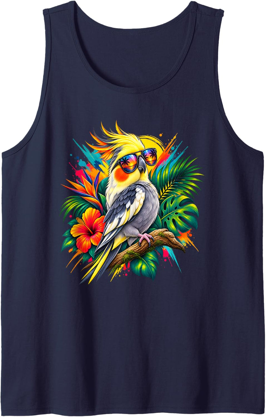 Cockatiel Lover Splash Art Floral Tropical Bird Sleeveless Tank Top - Navy Blue