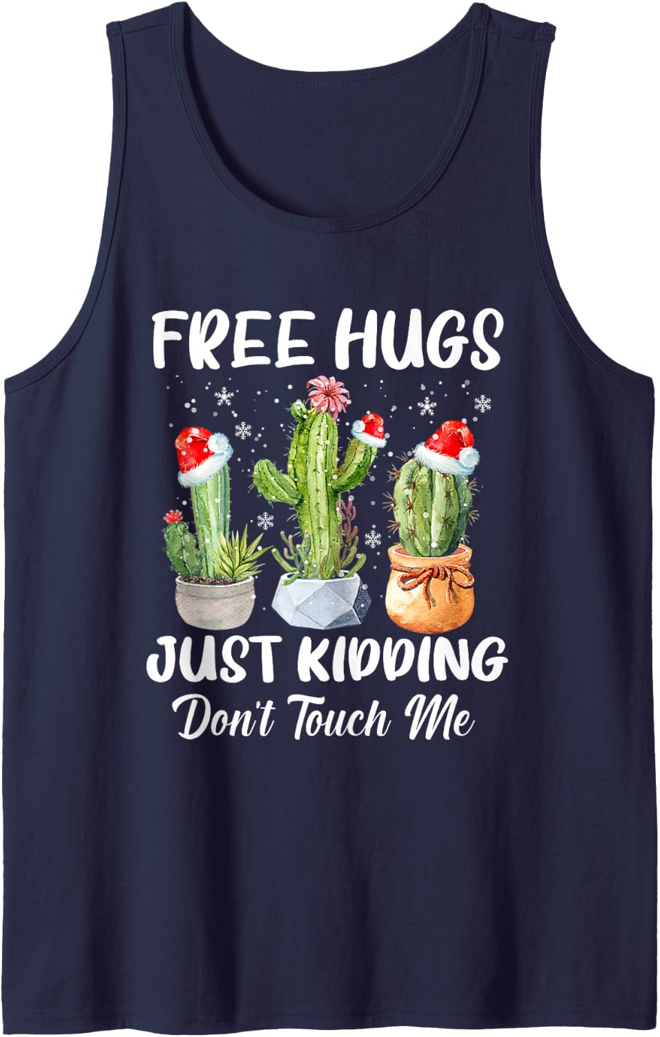 Free Hug Just Kidding Dont Touch Me Funny Cactus Christmas Sleeveless Tank Top - Navy Blue