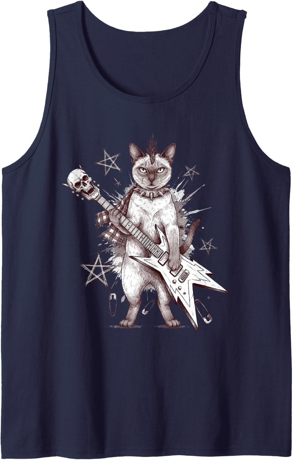 Punk Siamese Cat Guitar Mohawk Grunge Rock Cat Lover Sleeveless Tank Top - Navy Blue