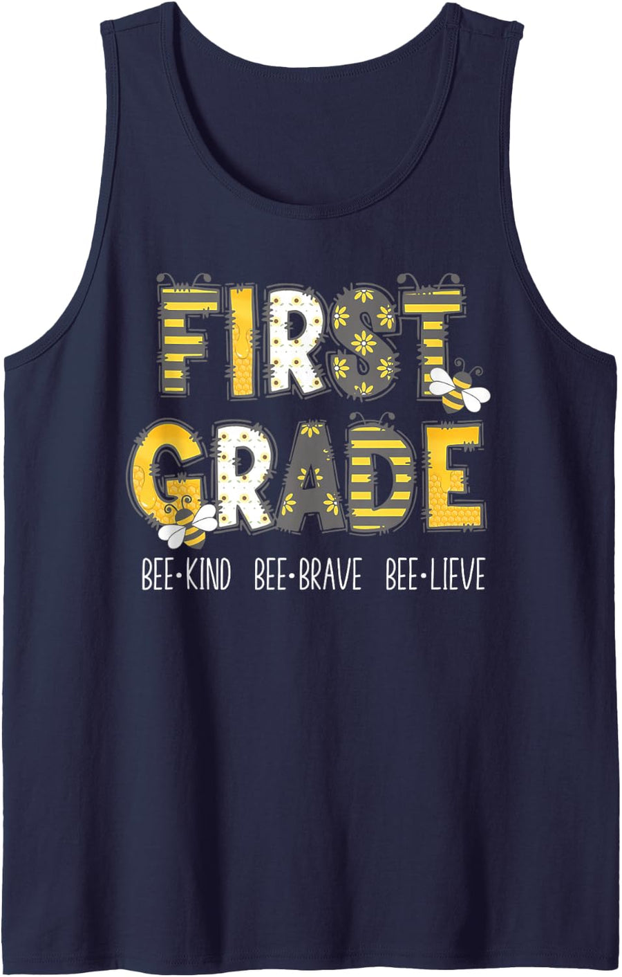Groovy Bee Kind First Grade Teacher 1st Squad Student Grad Sleeveless Tank Top - Navy Blue