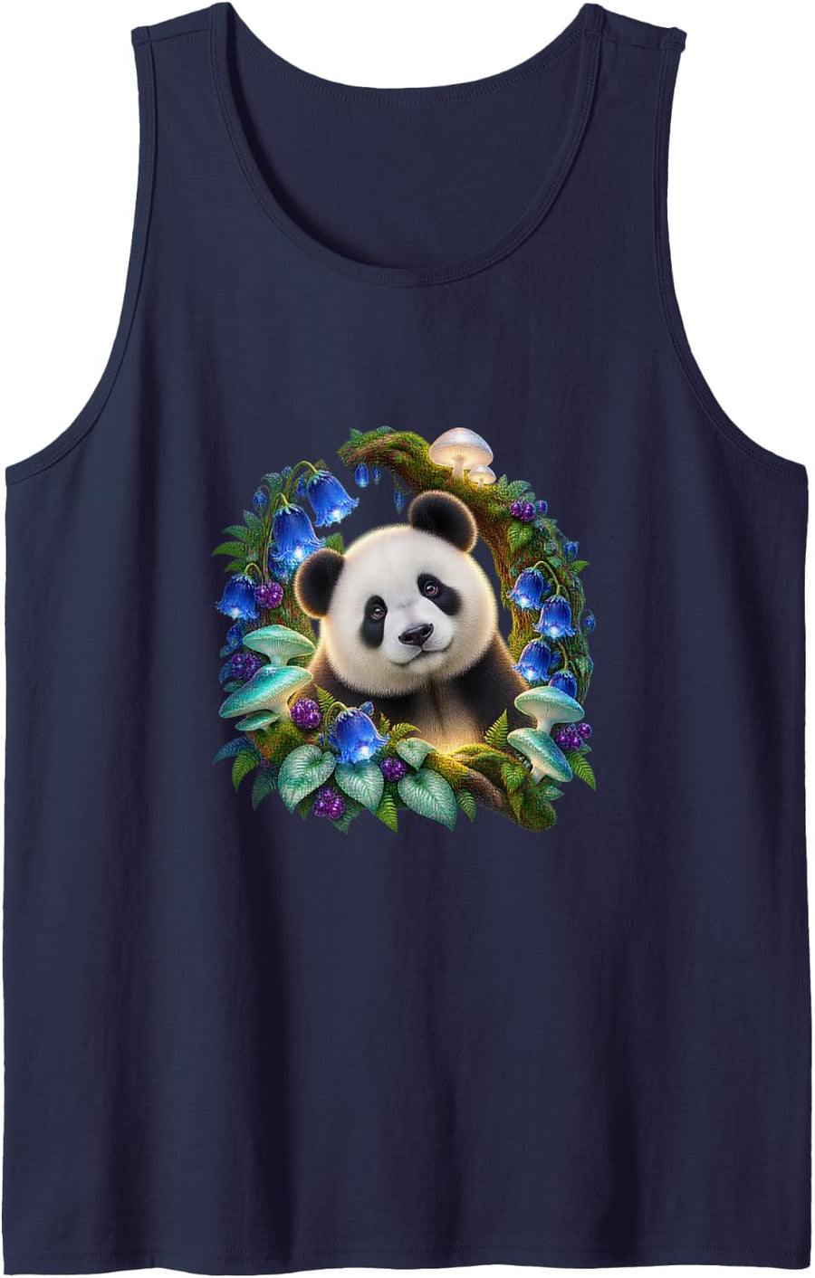 Giant Panda with Blue Bellflowers and Mushrooms Sleeveless Tank Top - Navy Blue