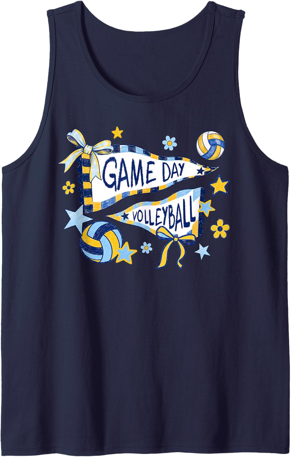 Volleyball Game Day Girls Women Pennant Flag Blue & Yellow Sleeveless Tank Top - Navy Blue