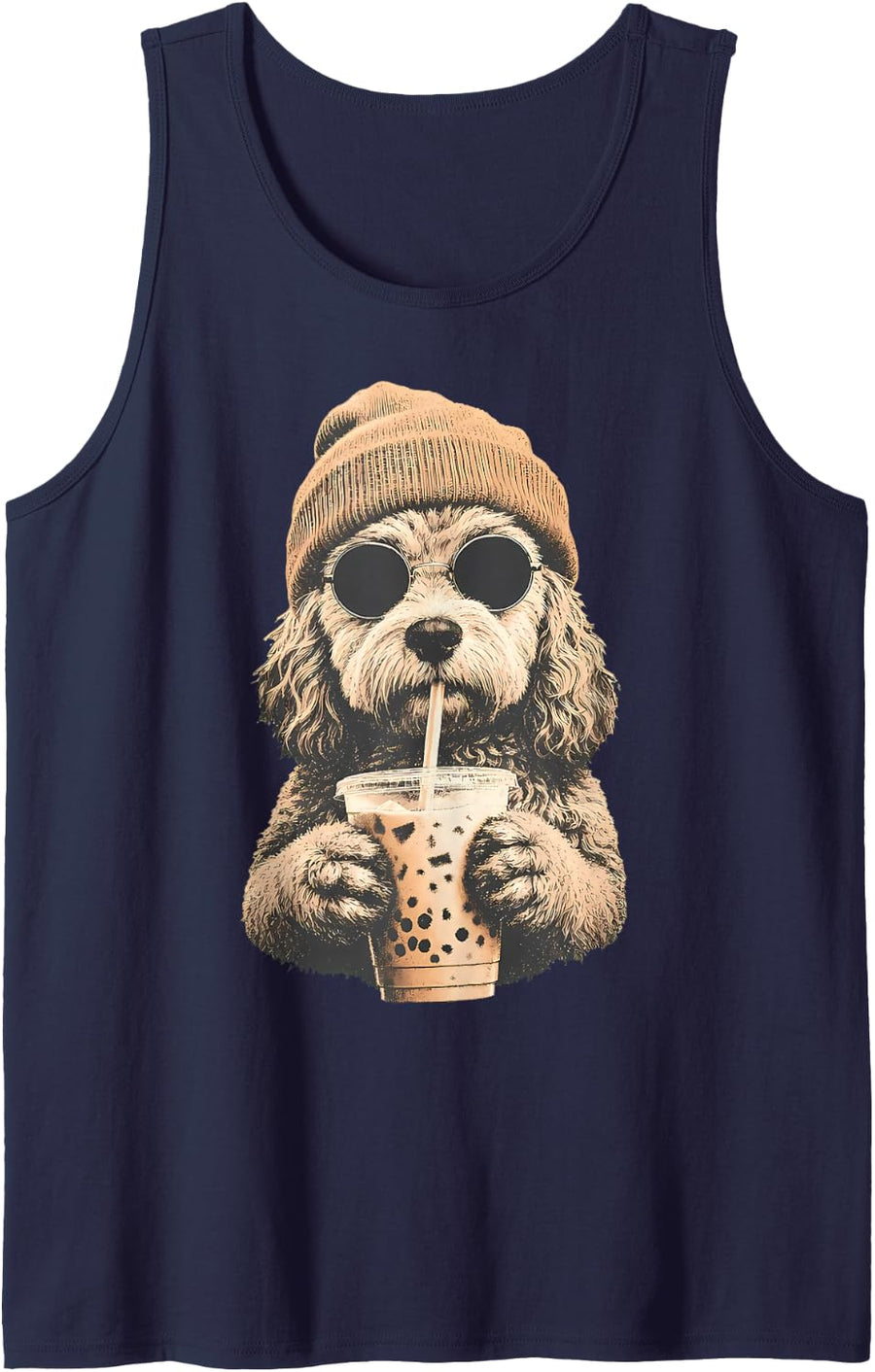 Cockapoo Hipster Dog Drinking Iced Coffee Beanie Sunglasses Sleeveless Tank Top - Navy Blue