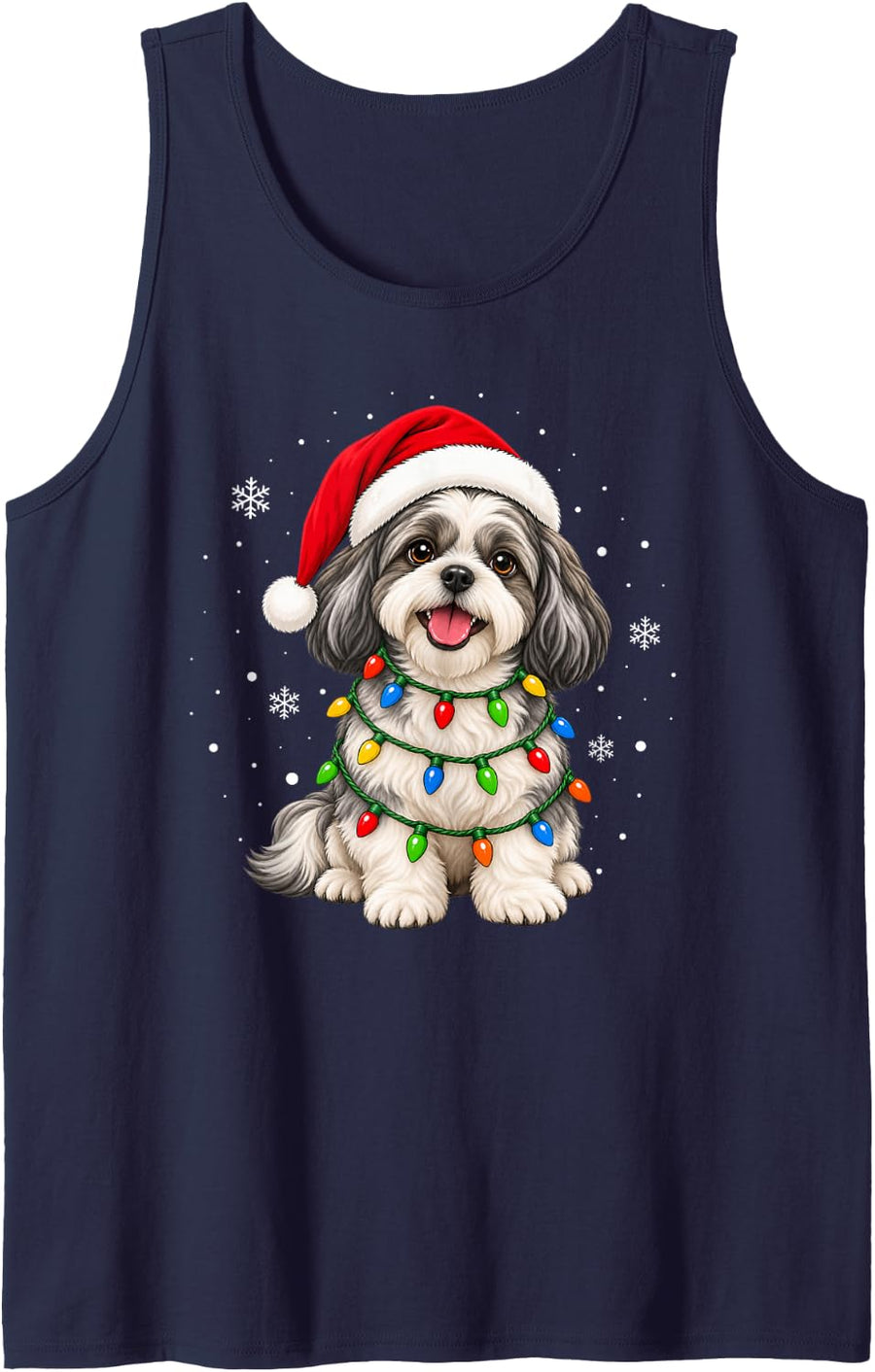 Shih Tzu Santa Christmas Tree Lights Xmas Dog Lover Pajama Sleeveless Tank Top - Navy Blue
