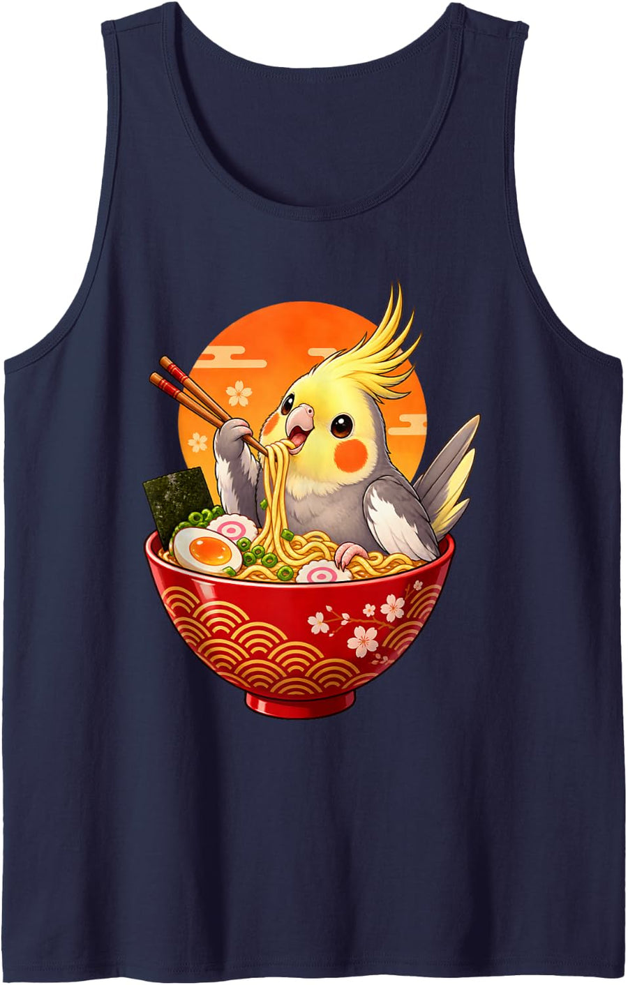 Cockatiel Eating Ramen Sleeveless Tank Top - Navy Blue