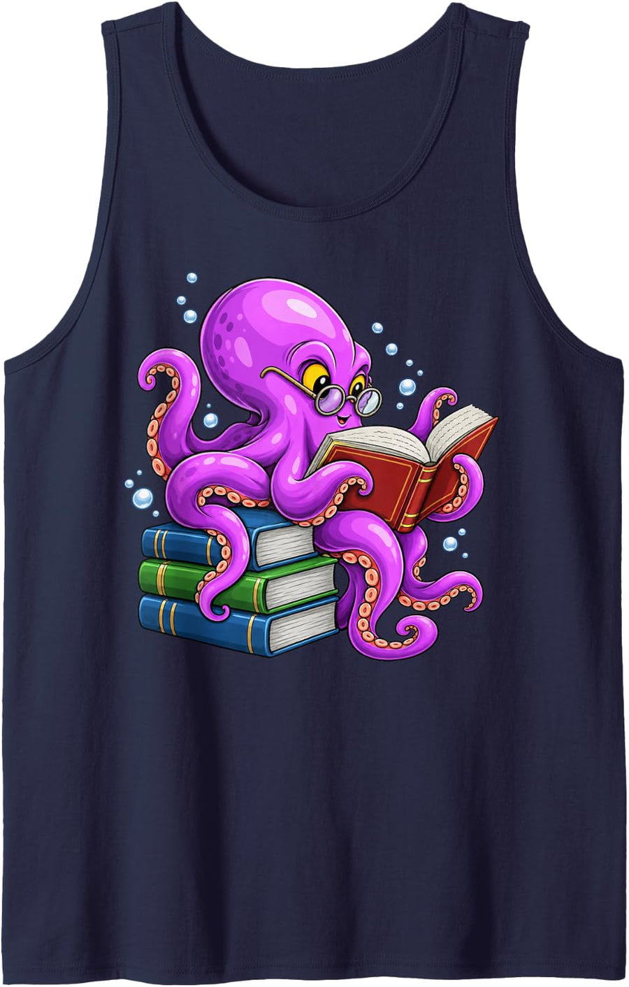 Purple Octopus Reading a Book with Glasses Sleeveless Tank Top - Navy Blue