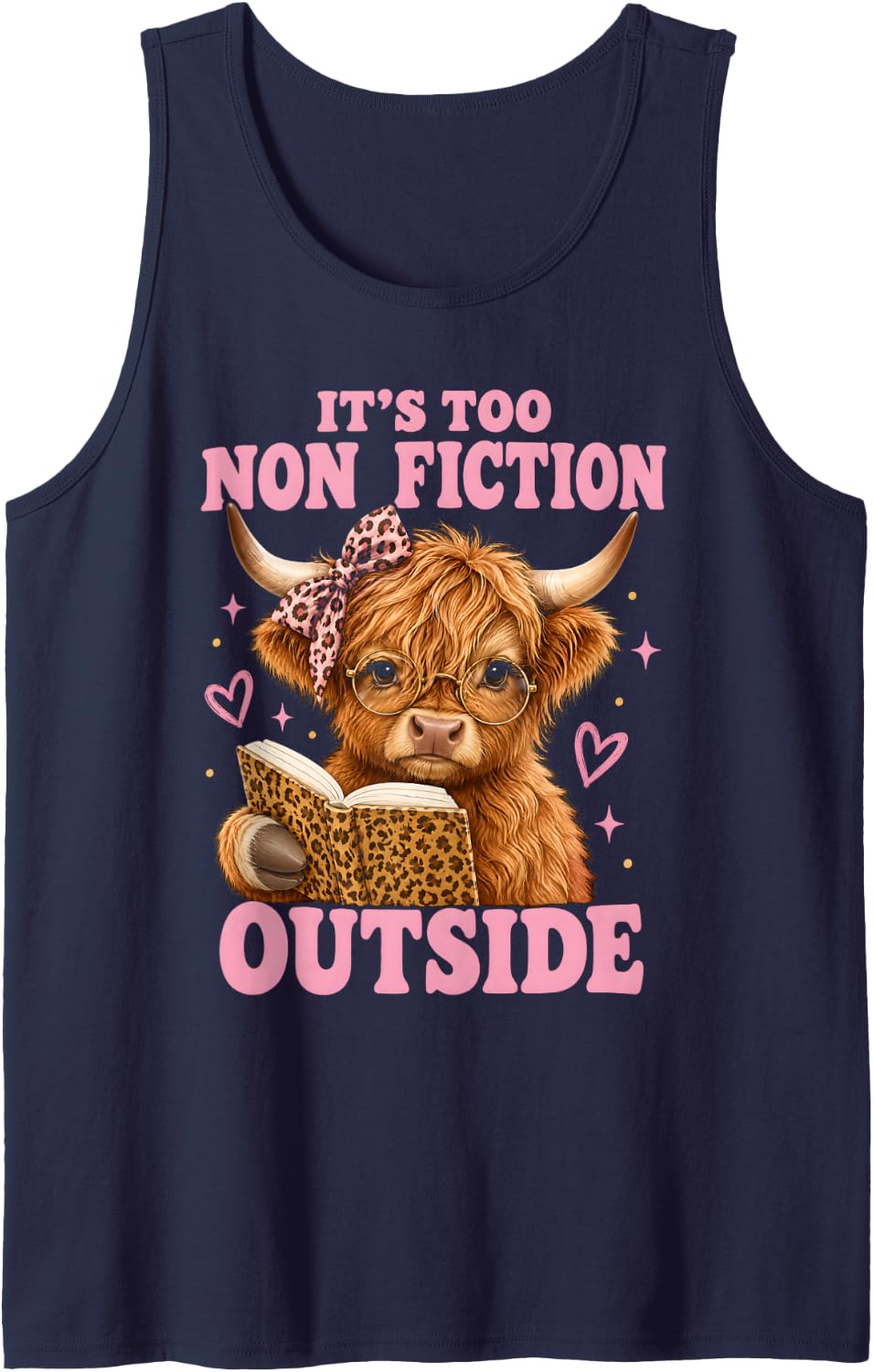 It's Too Nonfiction Outside Book Highland Cow Sleeveless Tank Top - Navy Blue