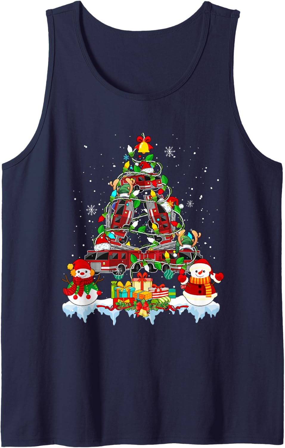 Santa Reindeer Elf Firefighter Trucks As Christmas Tree Sleeveless Tank Top - Navy Blue