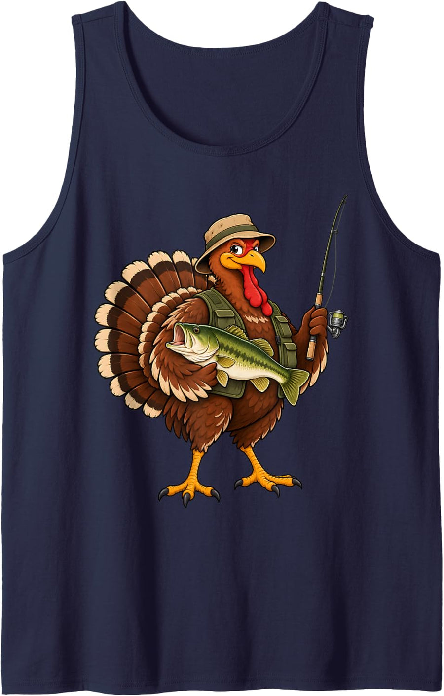 Fishing Turkey Angler Funny Thanksgiving Outdoor Cartoon Sleeveless Tank Top - Navy Blue
