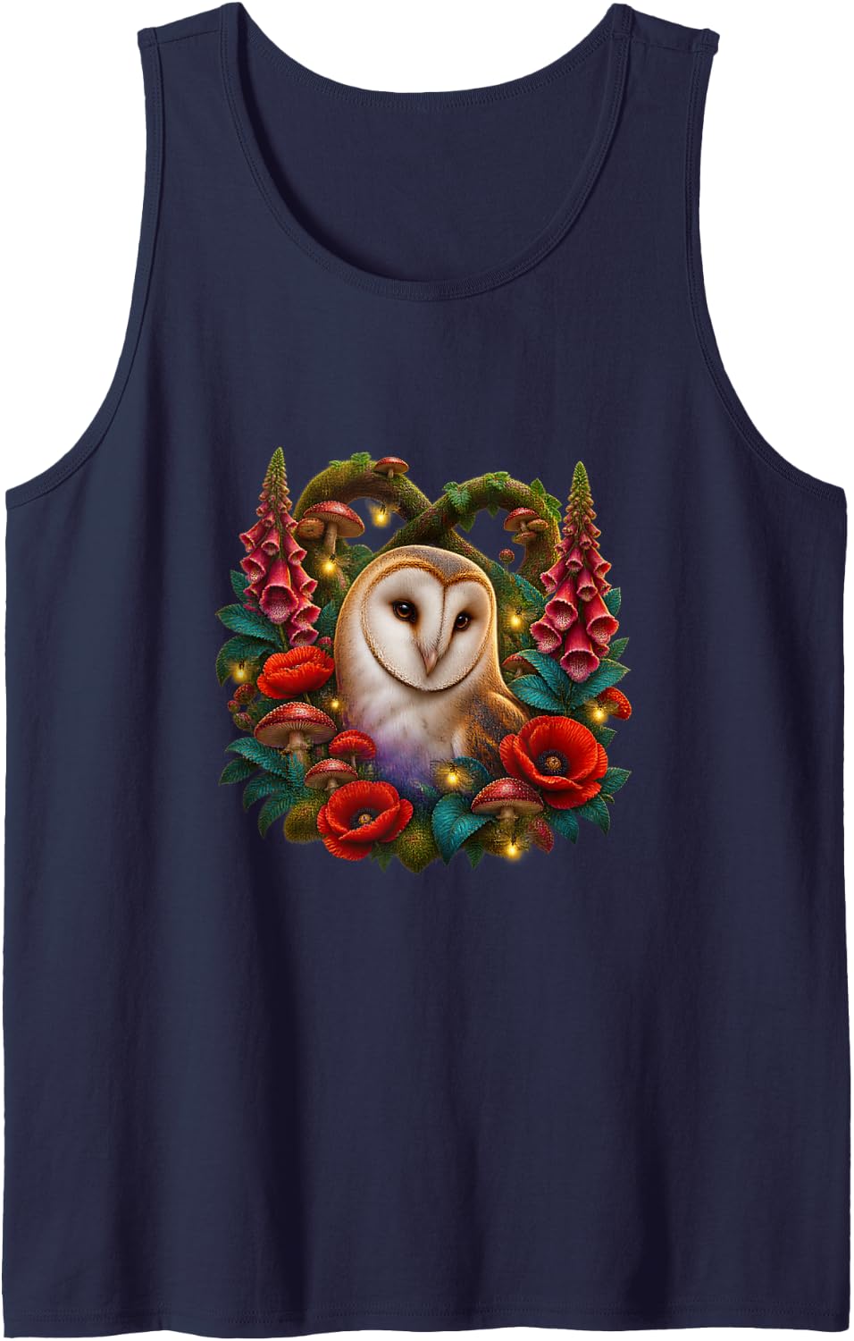 Barn Owl with Red Poppies Sleeveless Tank Top - Navy Blue