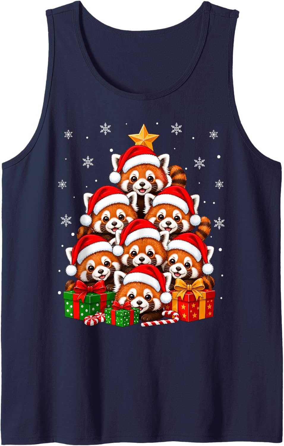 Red Panda Christmas Tree Cute Animal Festive Santa Xmas Sleeveless Tank Top - Navy Blue