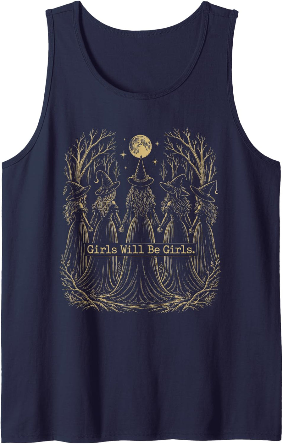 Girl Will Be Girls Witch Witches Spooky Halloween Sleeveless Tank Top - Navy Blue