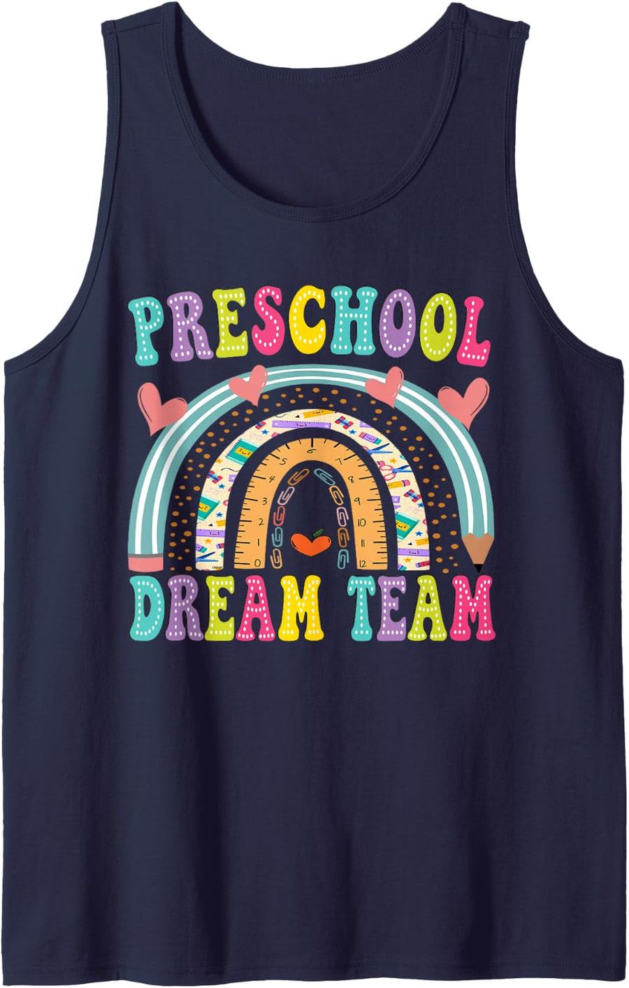 Preschool Dream Team Rainbow Teacher Back to School Sleeveless Tank Top - Navy Blue
