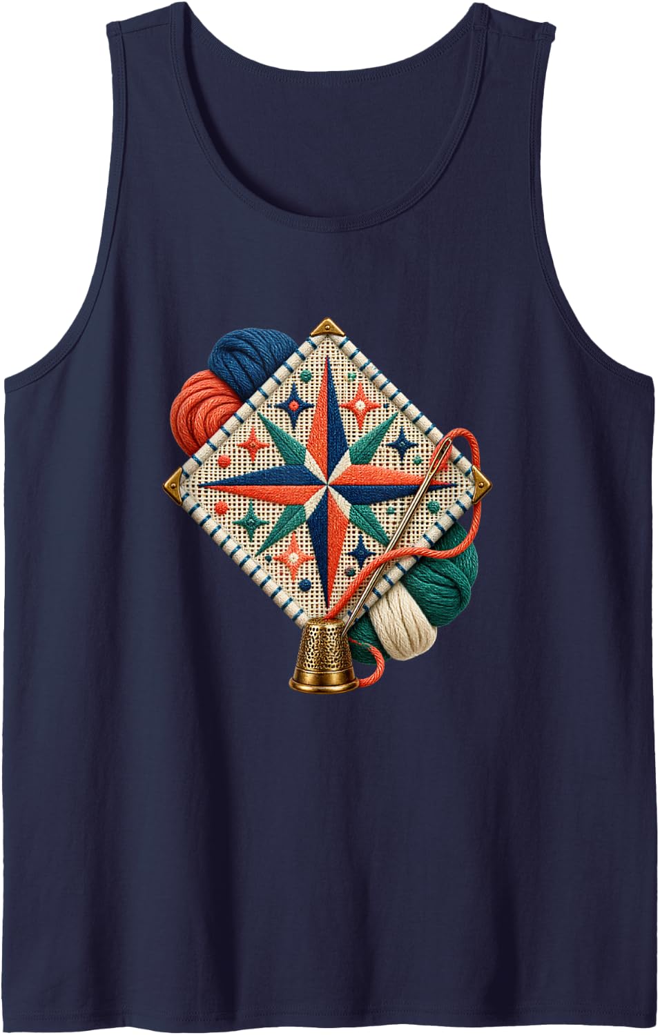 Classic Colorful Starburst Needlepoint Canvas and Fiber Sleeveless Tank Top - Navy Blue
